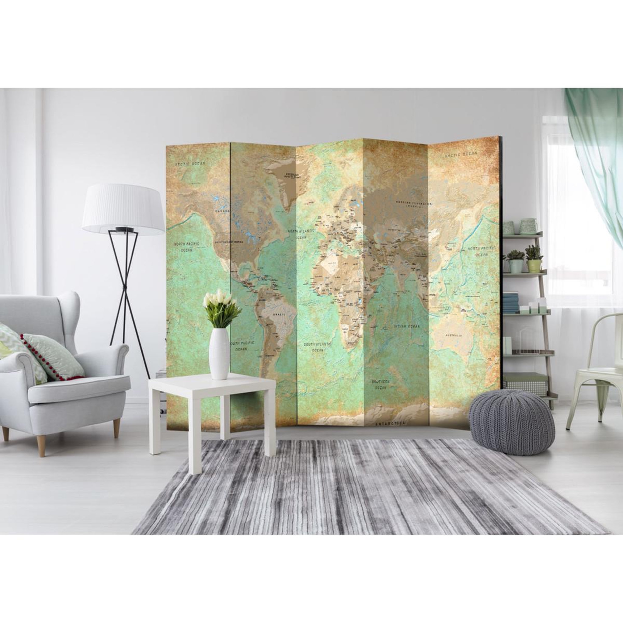 Voir la diapositive 2 : Paris Prix Paravent 5 volets  turquoise world map  172x225cm