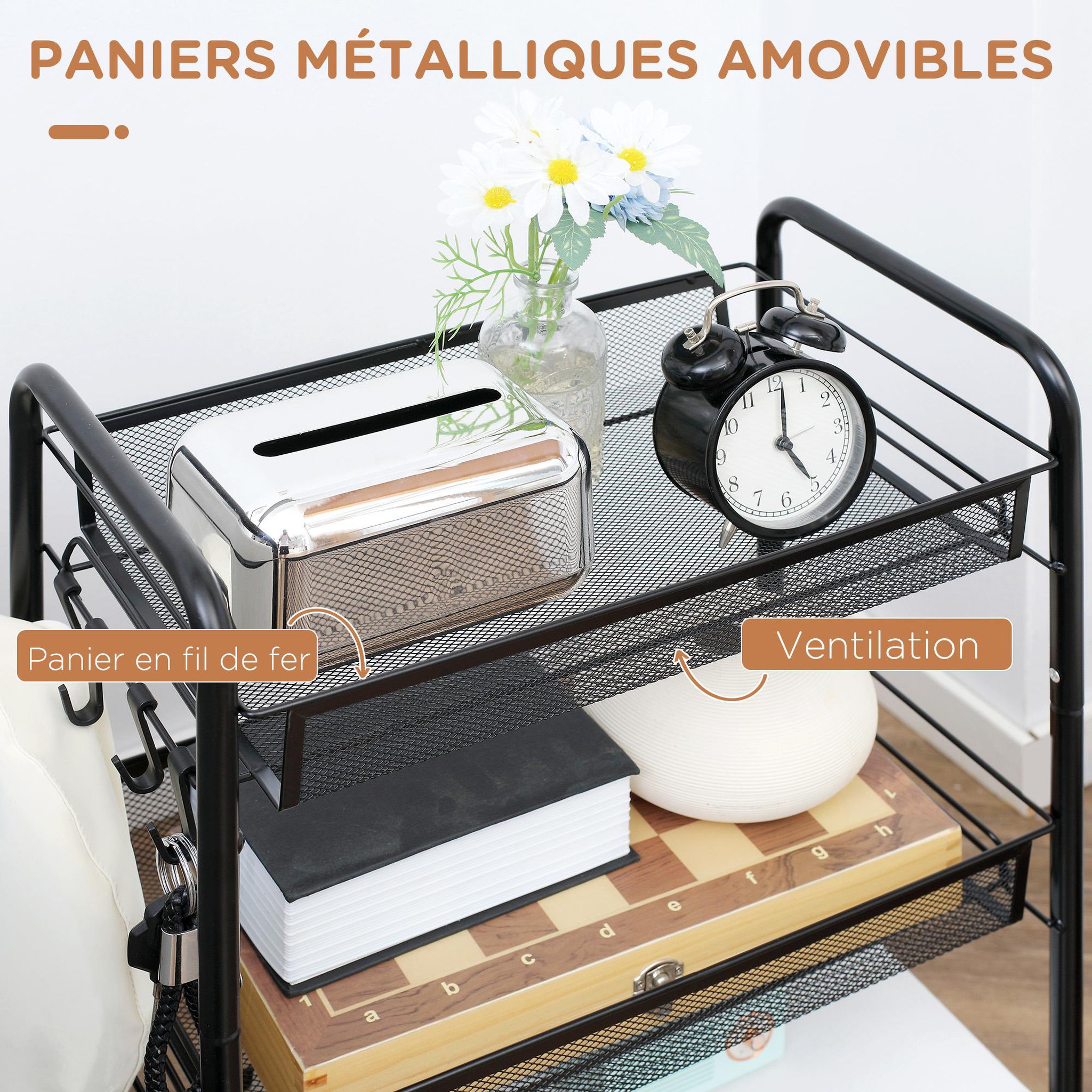 Voir la diapositive 5 : HOMCOM Chariot desserte 3 paniers 4 crochets acier noir