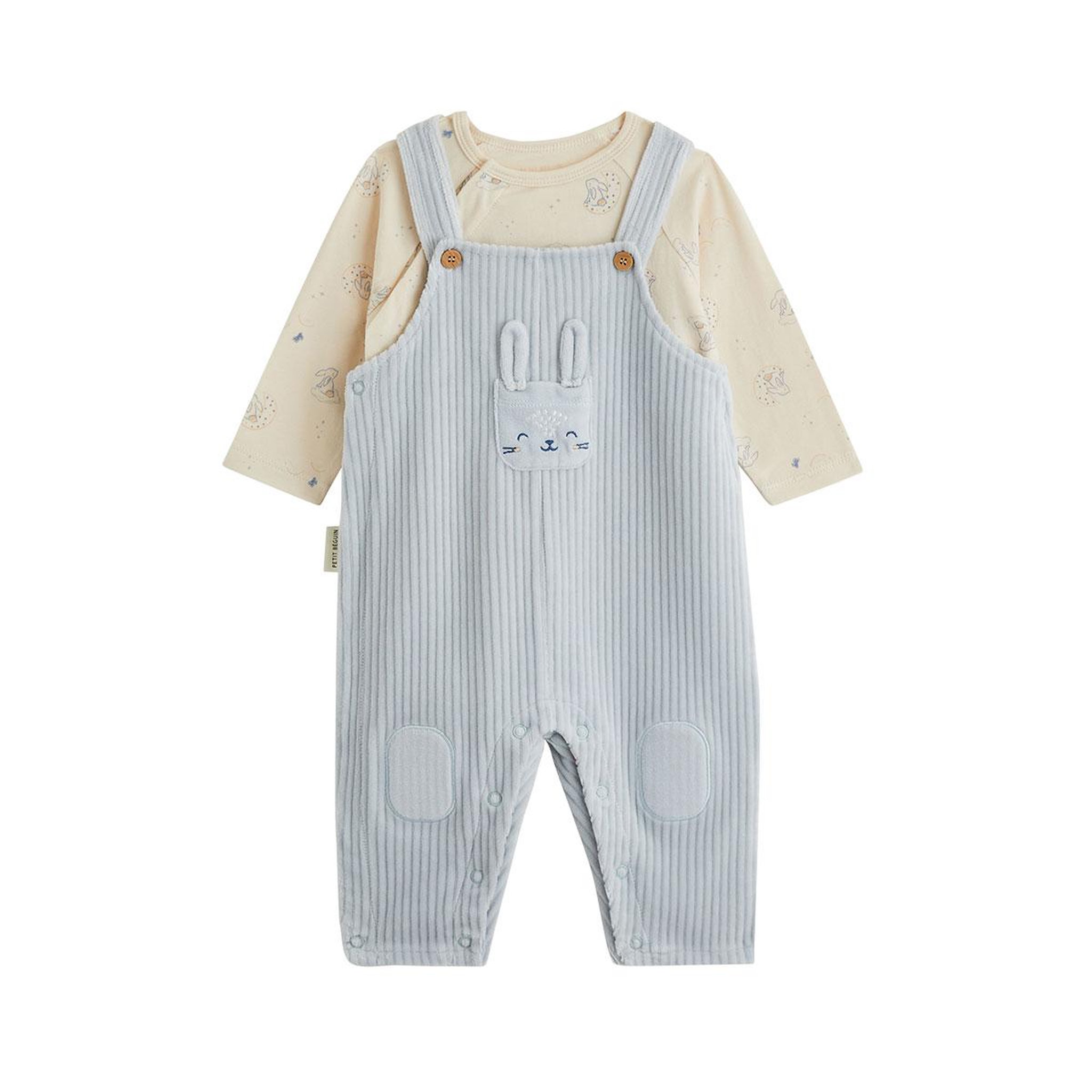 PETIT BEGUIN Ensemble salopette bébé en velours et t-shirt voix lactée. Coloris disponibles : Bleu