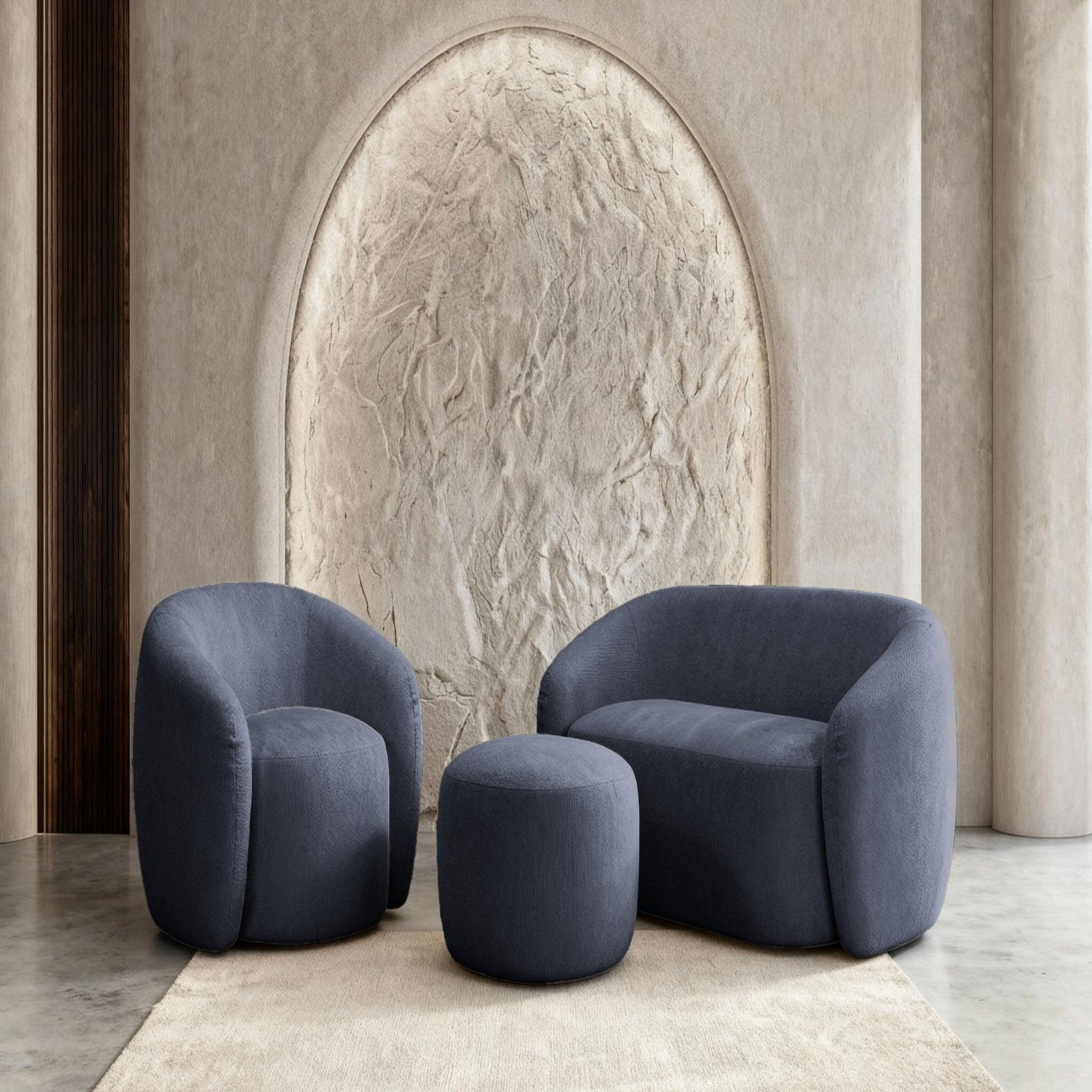 Voir la diapositive 2 : CASANOVA PARIS Aurelie - pack canapé droit 2 places + fauteuil + pouf tissu