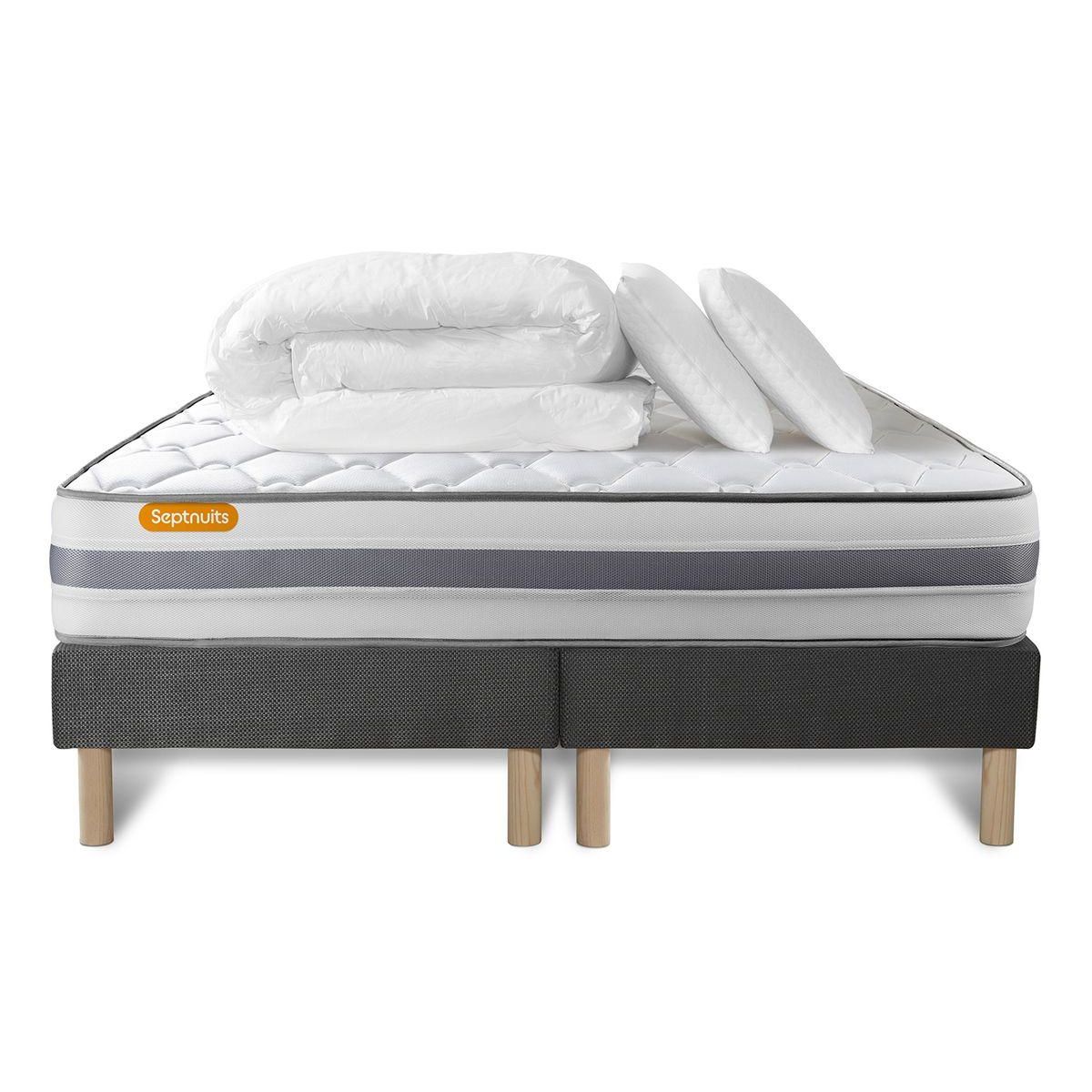 SEPTNUITS Pack matelas + double sommiers gris Memo Spring Ressorts ensachés 3 zones MAXI épaisseur + Couette + 2 oreillers