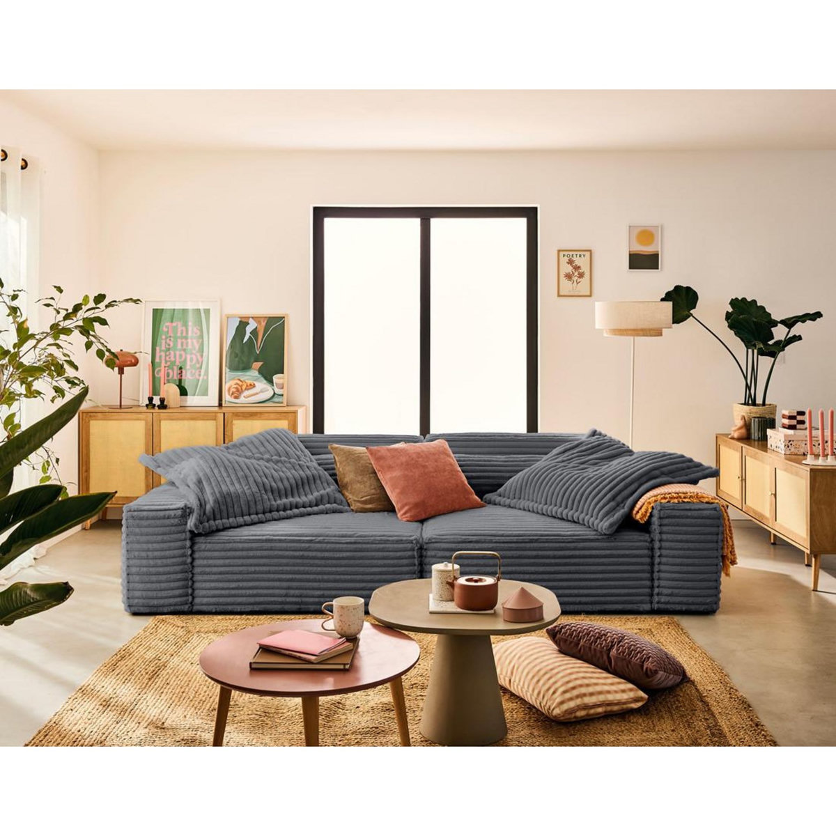 LISA DESIGN Richie - canapé droit 3 places avec double méridienne - assise profonde - en fausse fourrure côtelée