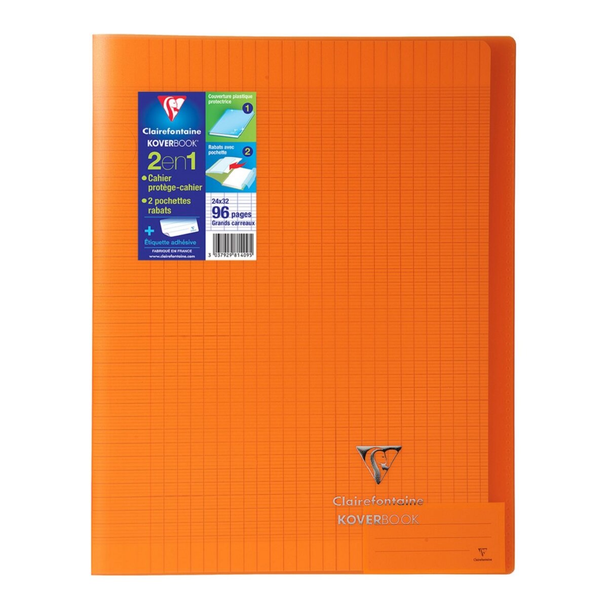 CLAIREFONTAINE Cahier piqué Koverbook 24x32cm 96 pages grands carreaux Seyes orange transparent