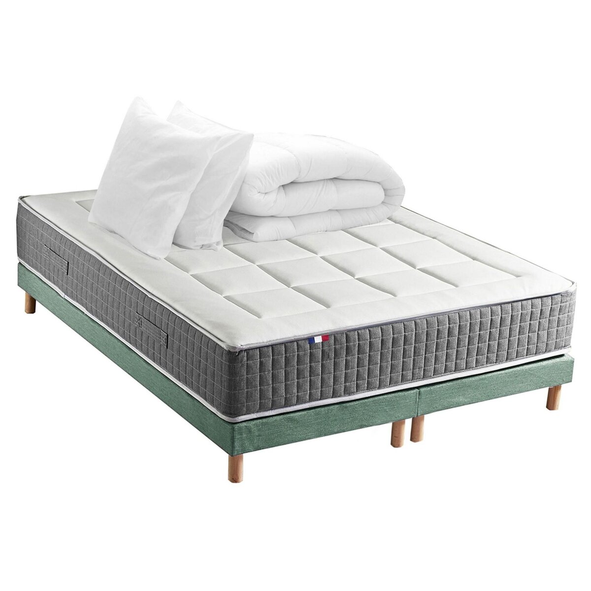 IDLITERIE Ensemble Matelas Ressort 7 zones H.28cm + Sommier + couette + oreillers Fabriqué en France MAX