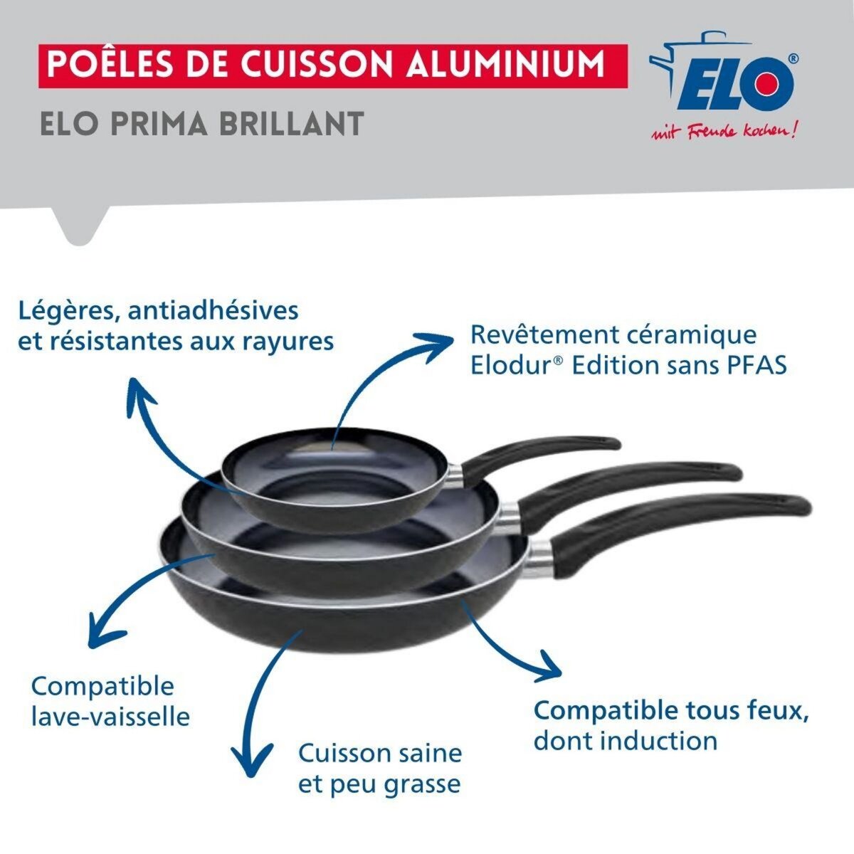 ELO Ensemble de 3 Poêles de cuisson 20, 28 et 32 cm et 1 faitout 20 cm Elo Prima Brillant