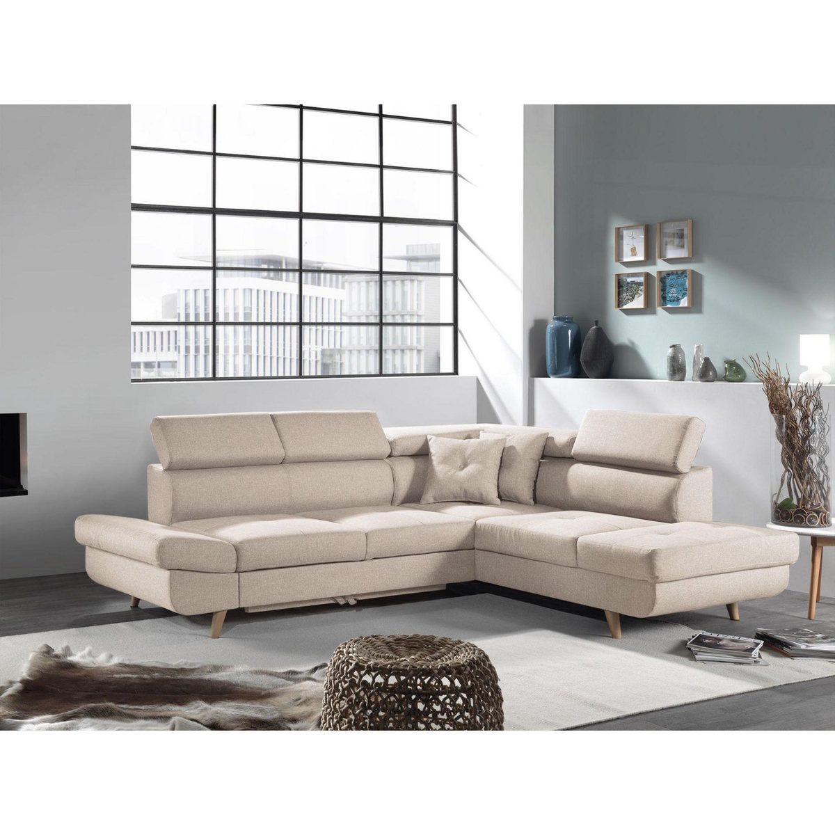 BEST MOBILIER Linea - canapé d'angle droit convertible - 5 places - avec têtières
