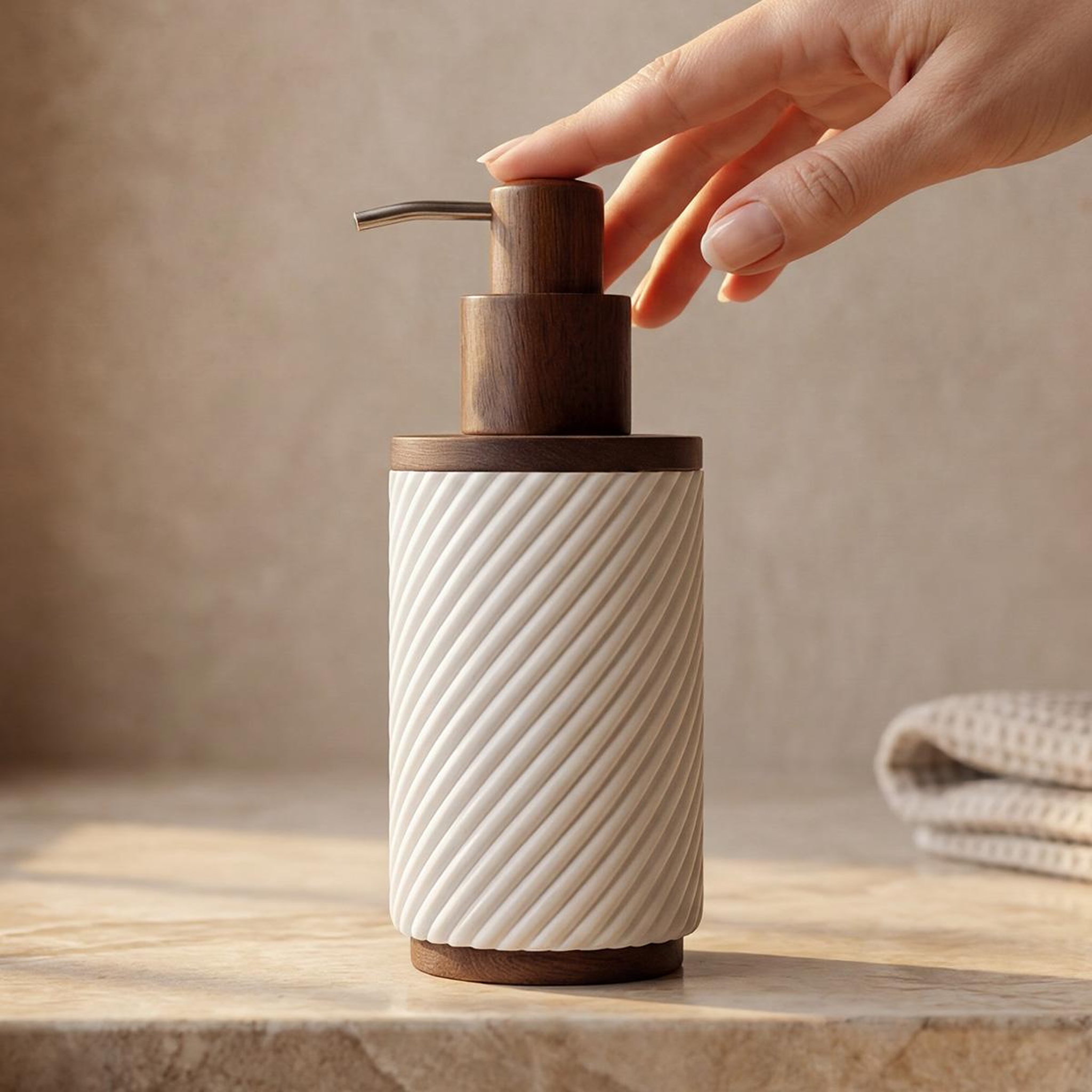 Voir la diapositive 2 : MAISON AUBERTIN Distributeur de savon - résine blanche et bois - ascoli