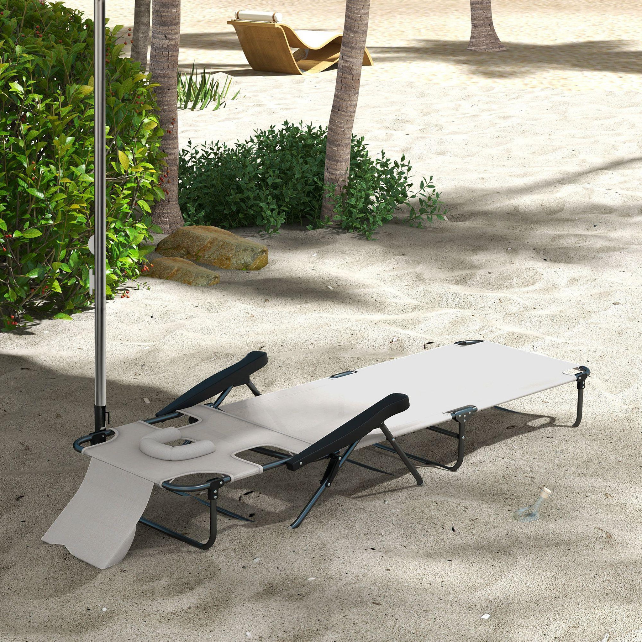 Voir la diapositive 2 : OUTSUNNY Bain de soleil transat pliable inclinable - coussins, espace tête - acier noir polyester crème