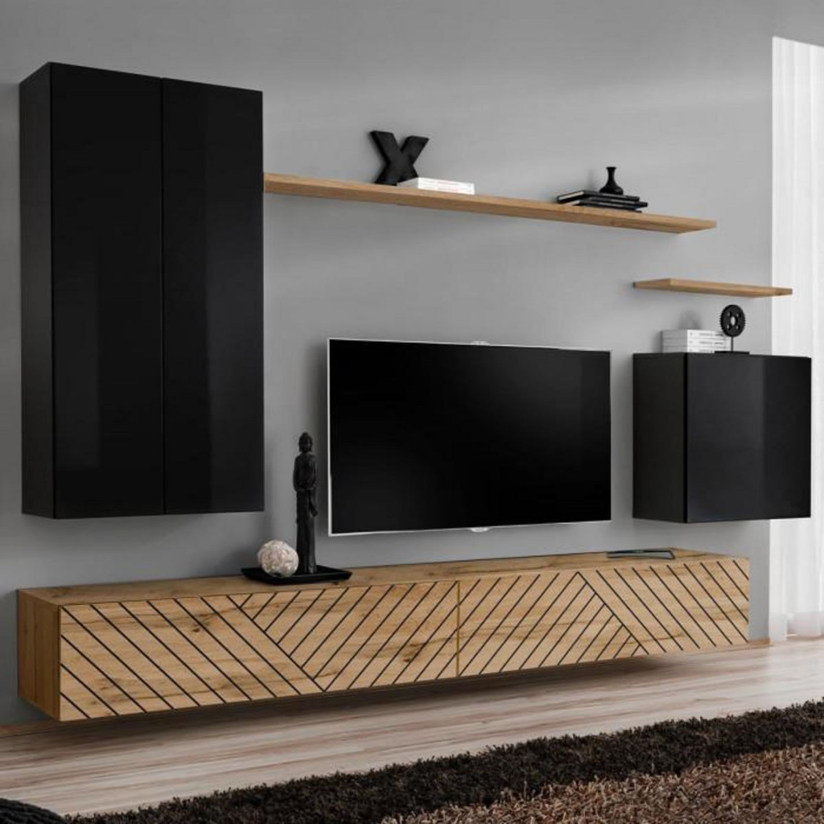 Paris Prix Ensemble Meuble TV  Switch Lamel II  270cm Naturel & Noir