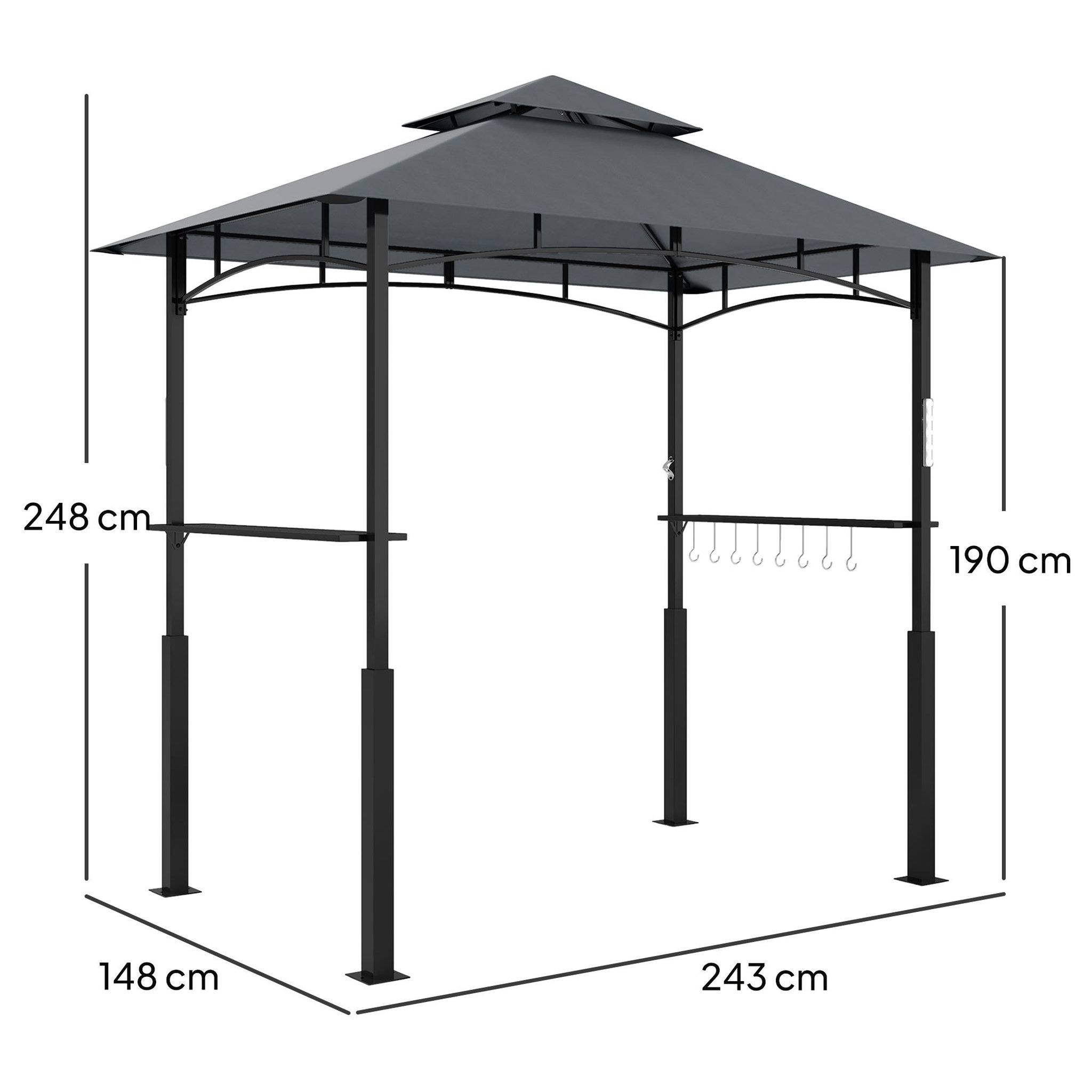 Voir la diapositive 3 : OUTSUNNY Abri pour barbecue - 2 étagères, 8 crochets, lumière LED, décapsuleur - métal noir tissu gris