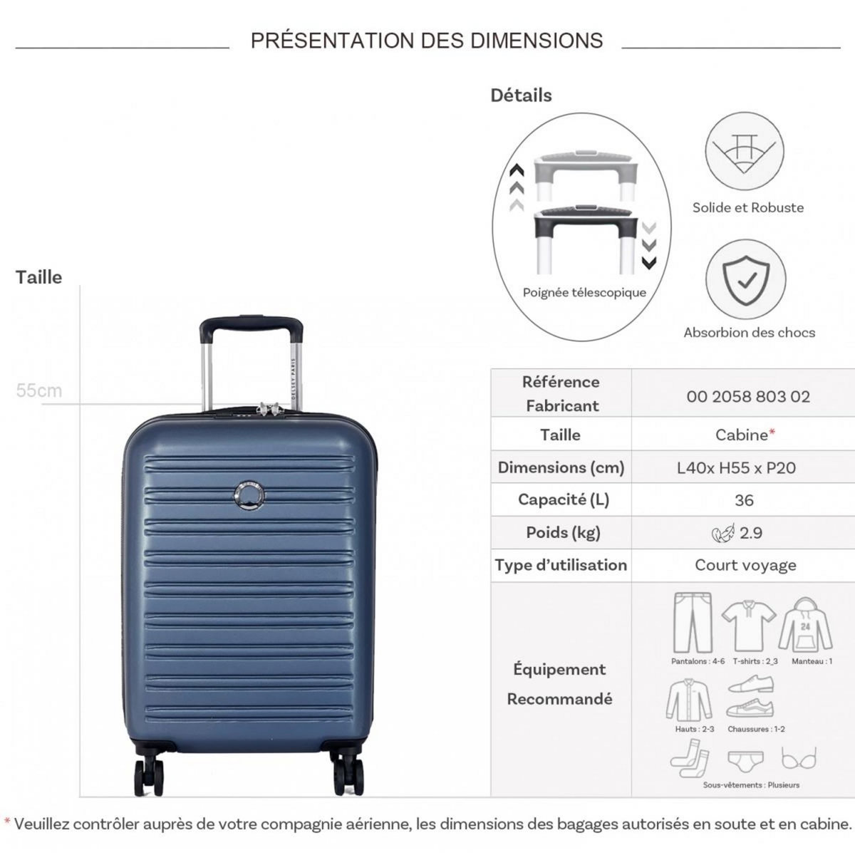 Delsey Valise cabine slim rigide Segur 2.0 TSA polycarbonate 55cm