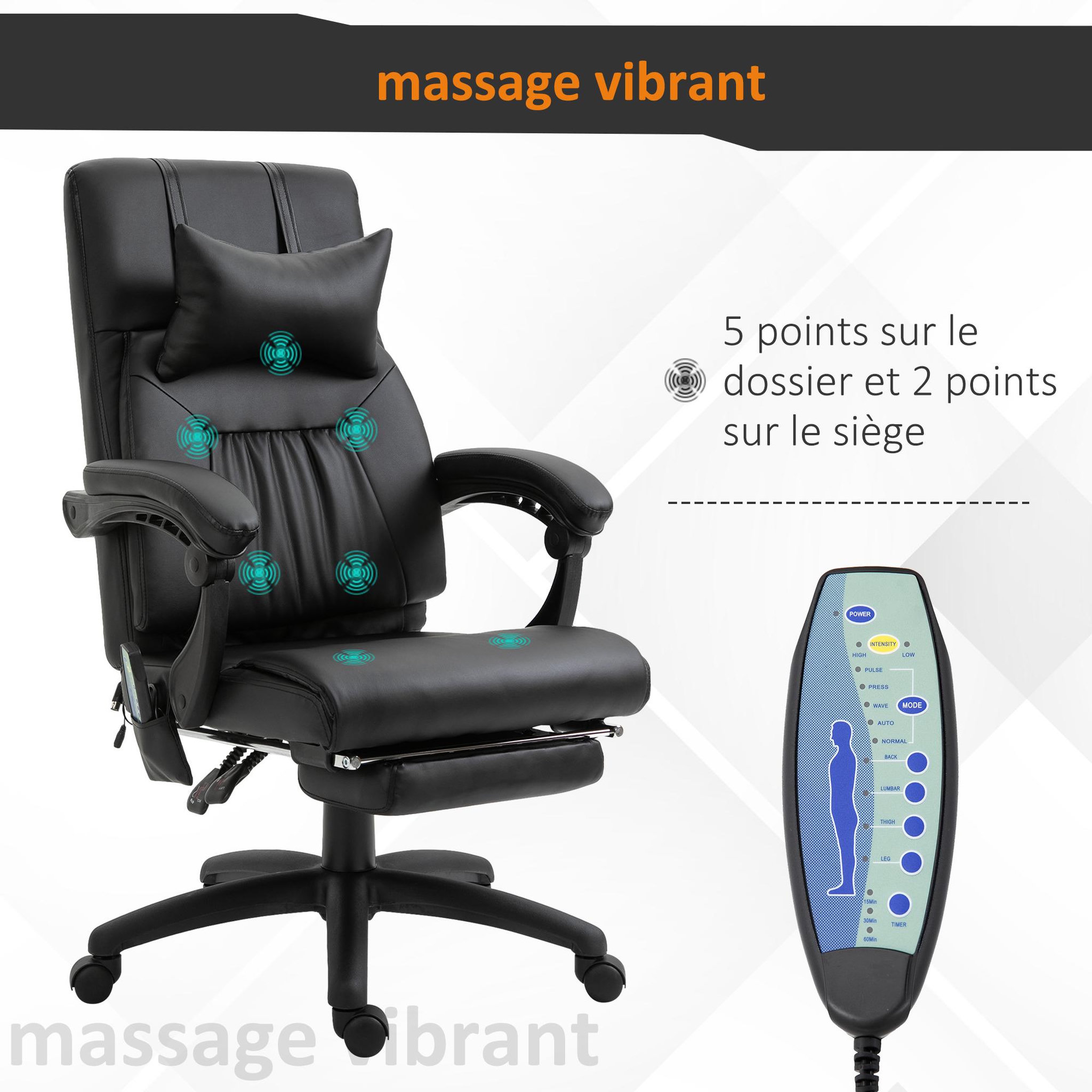 Voir la diapositive 4 : HOMCOM HOMCOM Fauteuil de bureau manager massant hauteur réglable dossier inclinable repose-pied + appui-tête 68 x 79 x 104-112 cm noir