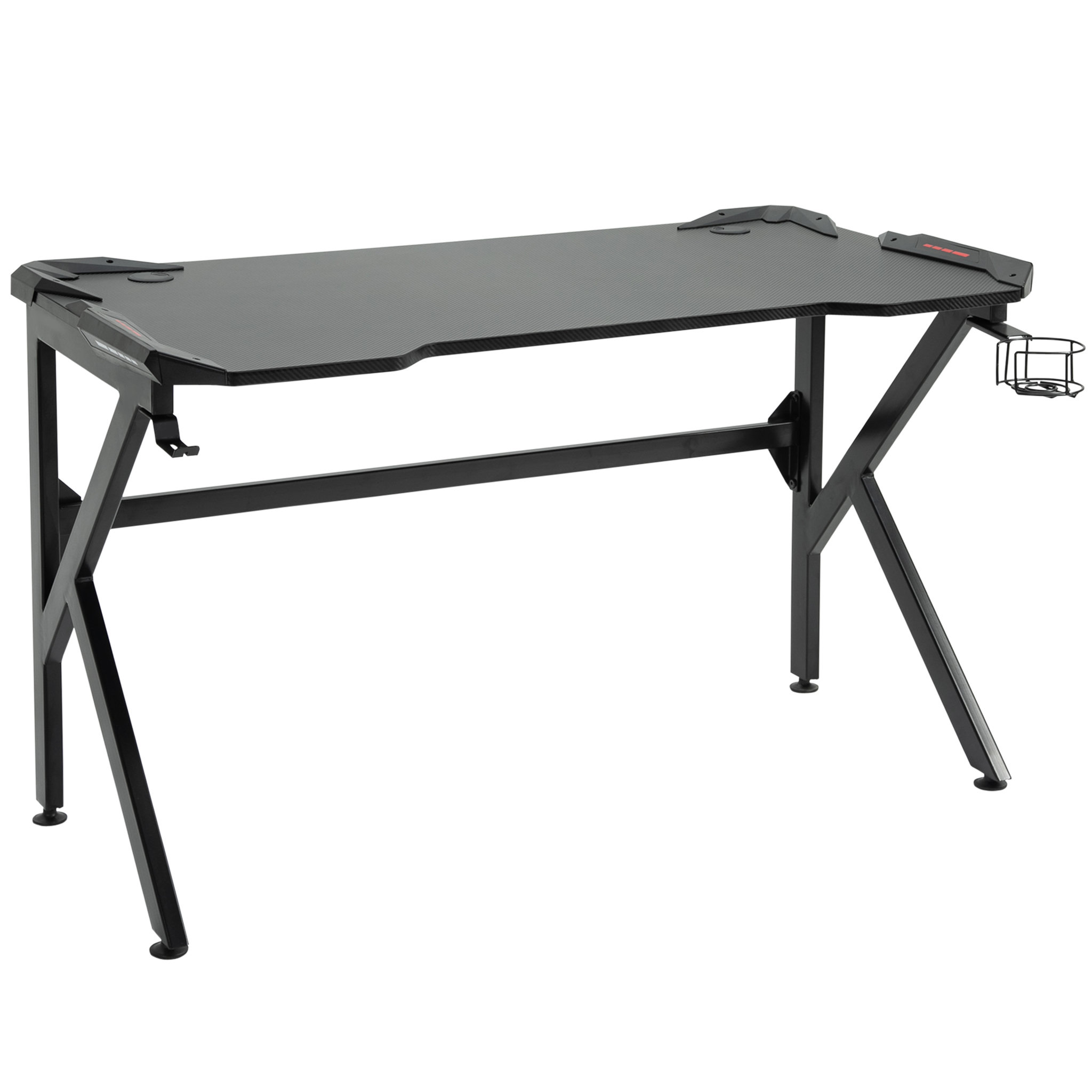 Voir la diapositive 1 : HOMCOM Bureau gaming bureau gamer bureau informatique support casque porte-gobelet passe-câbles inclus métal MDF texture fibre carbone noir