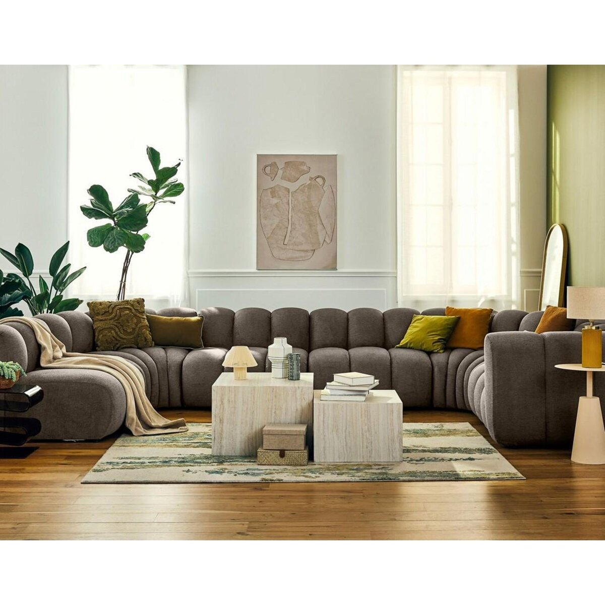 LISA DESIGN Debbie - canapé modulable panoramique d'angle gauche 7 places en tissu texturé