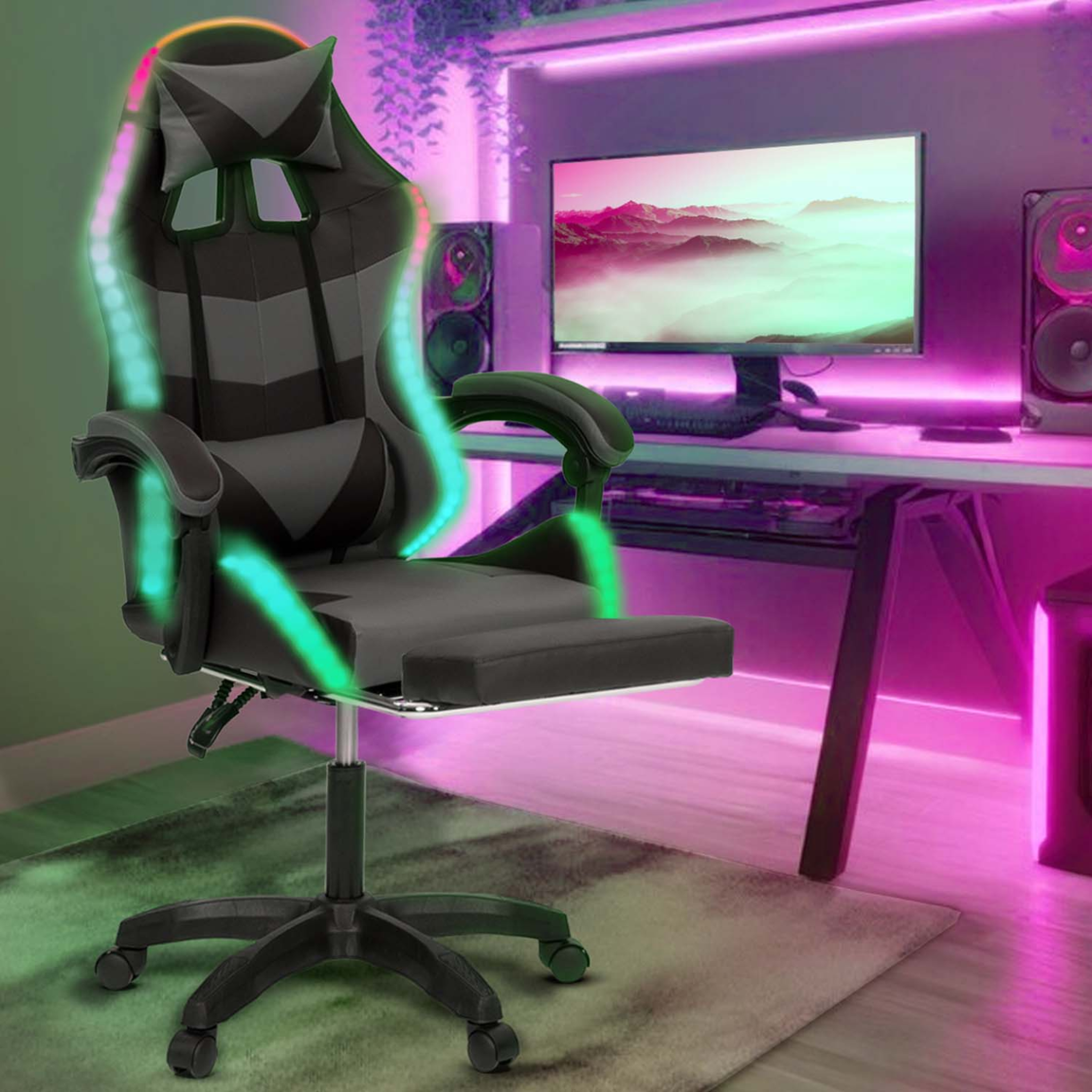 Voir la diapositive 2 : ID MARKET Fauteuil de gaming led luc avec repose-pied, coussin de tête et support lombaire noir et gris