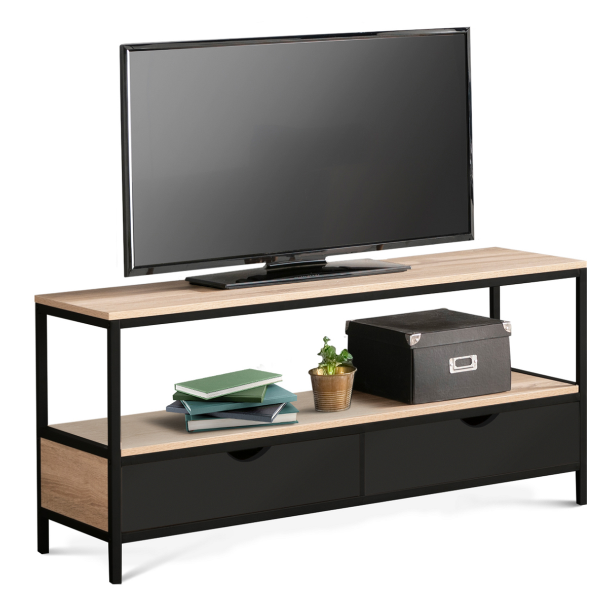 ID MARKET Meuble TV 113 cm 2 tiroirs noirs BOSTON design industriel