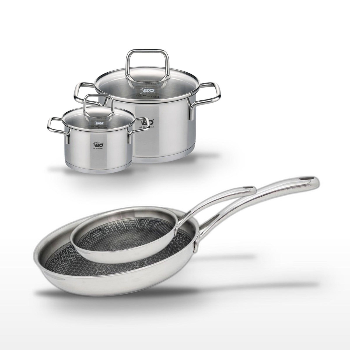 ELO Lot de 2 Poêles 28/24cm & 2 Faitouts 20/14cm Elo Relief Evolution