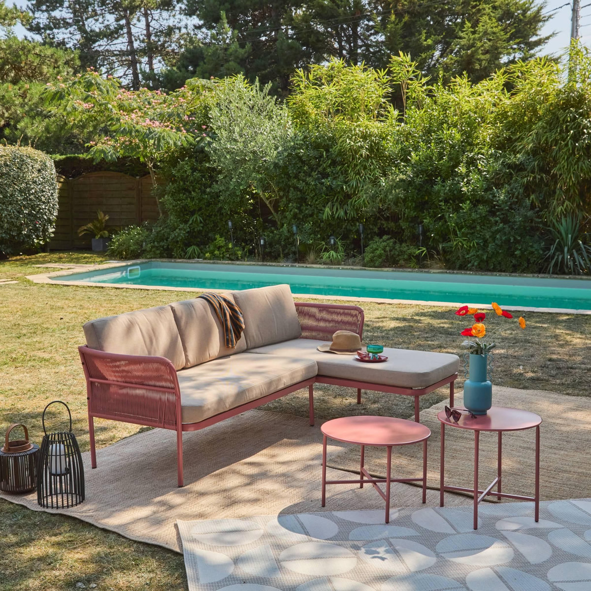 SWEEEK Salon de jardin d'angle acier et cordes 4 places beige et terracotta - Zinoa