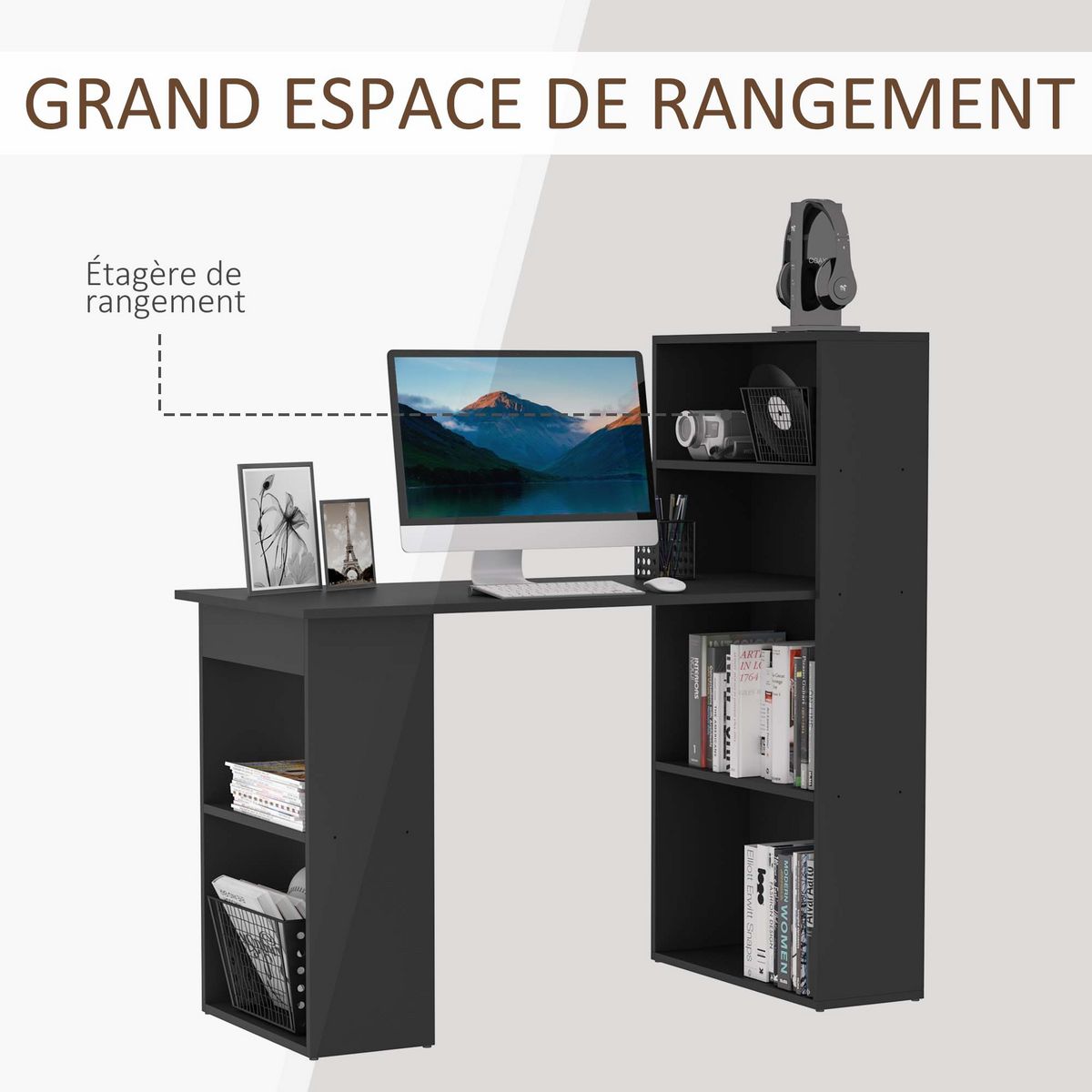 HOMCOM Bureau informatique 120L x 55l x 120H cm bibliothèque adjacente multi-rangements noir