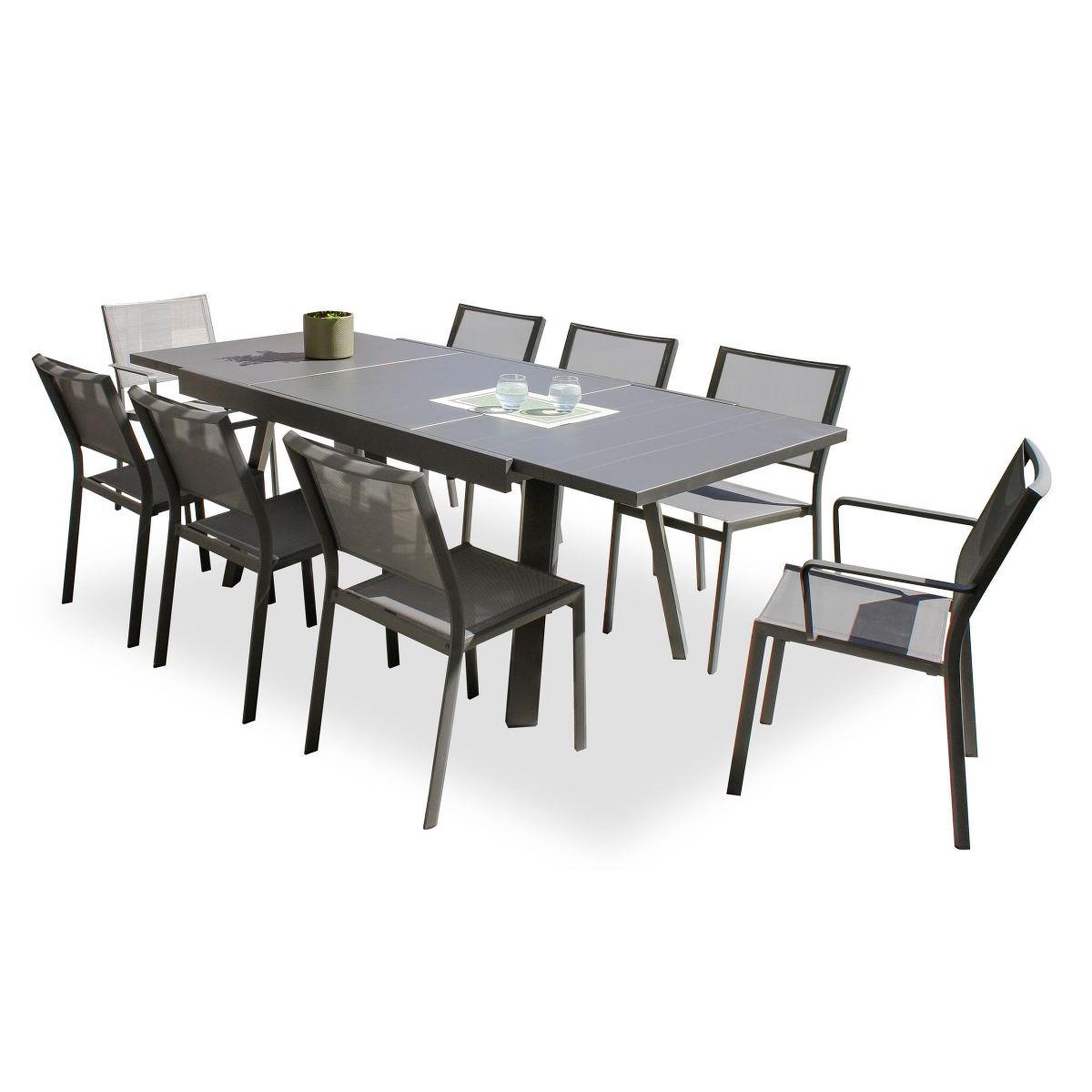 Voir la diapositive 2 : DCB GARDEN Ensemble Table de Jardin 6 Chaises & 2 Fauteuils  Stockholm  150-225cm Gris Anthracite