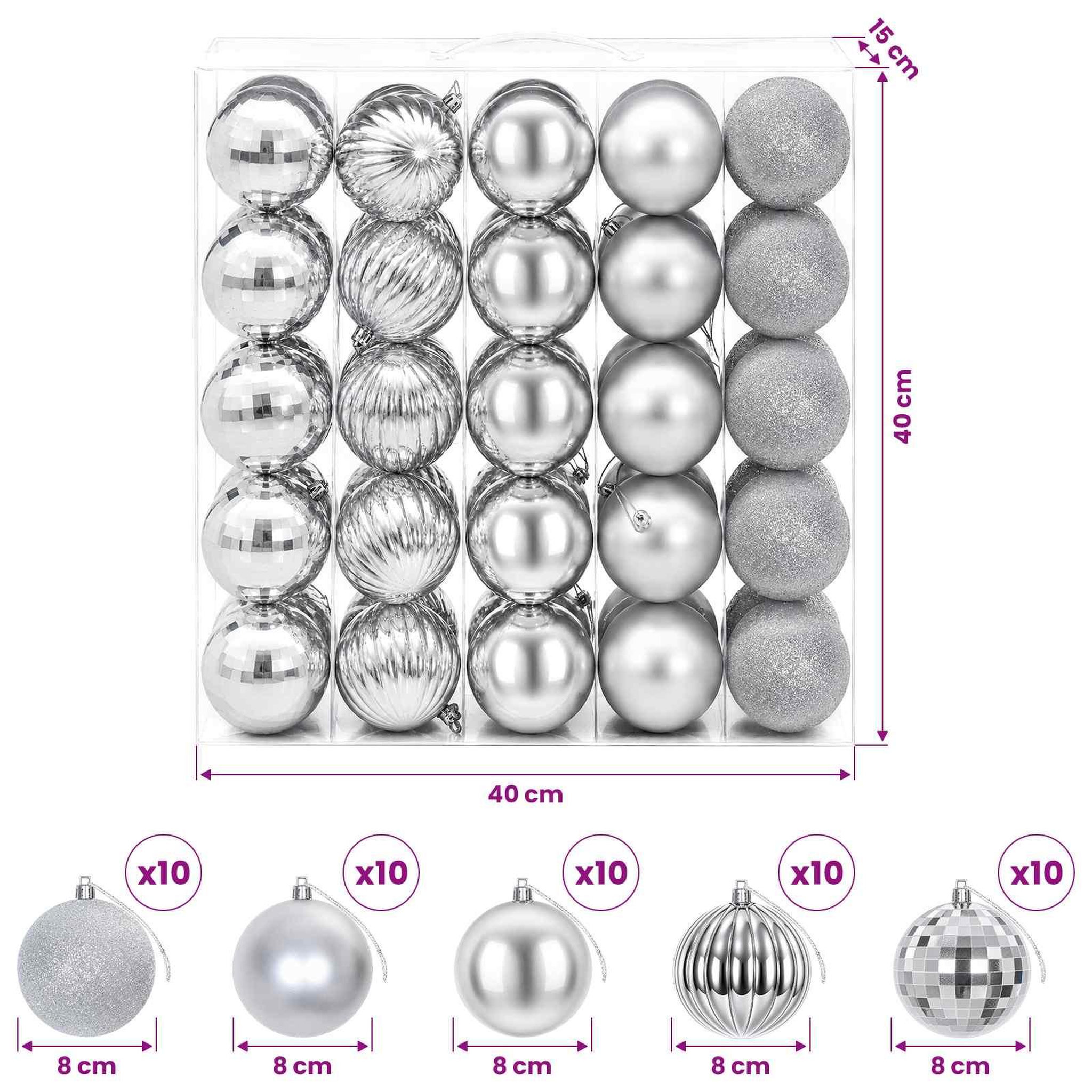 Voir la diapositive 3 : VIDAXL Ensemble de boules de Noël 50 pc Argente Diam. 8 cm Polystyrene