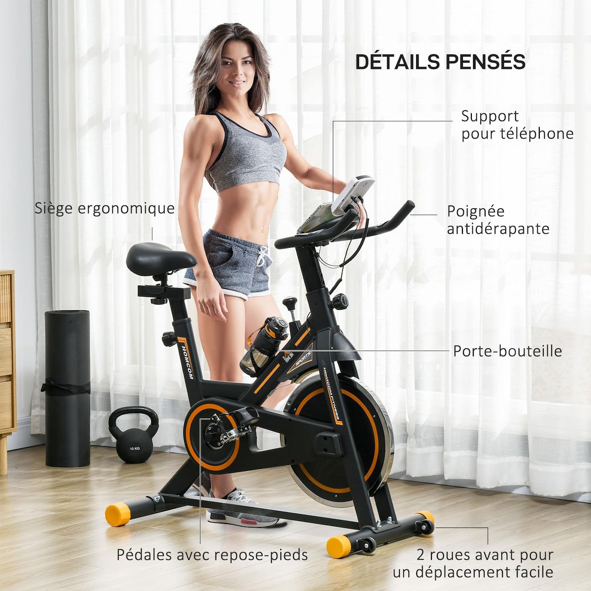 HOMCOM Vélo d'appartement réglable - vélo biking cardio - volant d'inertie 8 Kg, écran LCD, support Ipad, gourde - acier orange noir