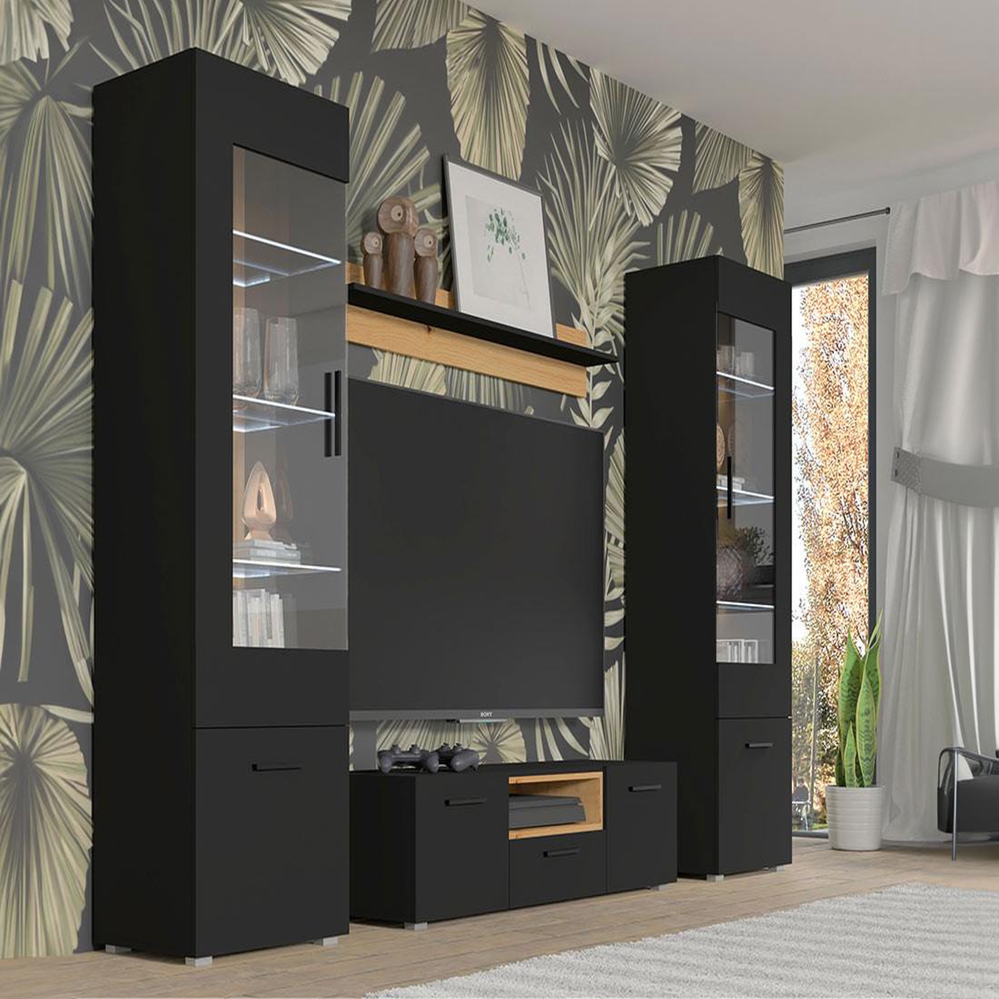 Voir la diapositive 3 : BEST MOBILIER Leolio - vitrine - noir et effet bois - 60x190 cm
