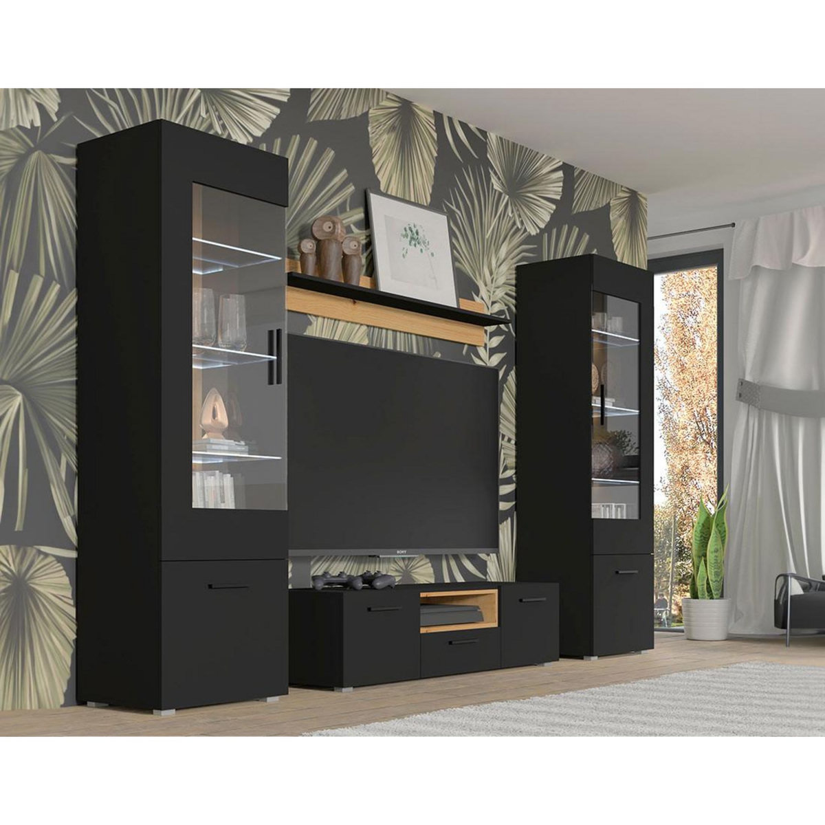 BEST MOBILIER Leolio - vitrine - noir et effet bois - 60x190 cm