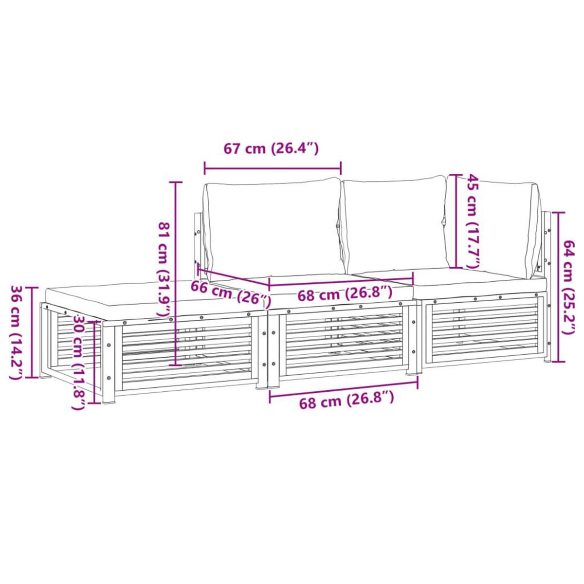 VIDAXL Salon de jardin avec coussins 3 pcs bois massif d'acacia