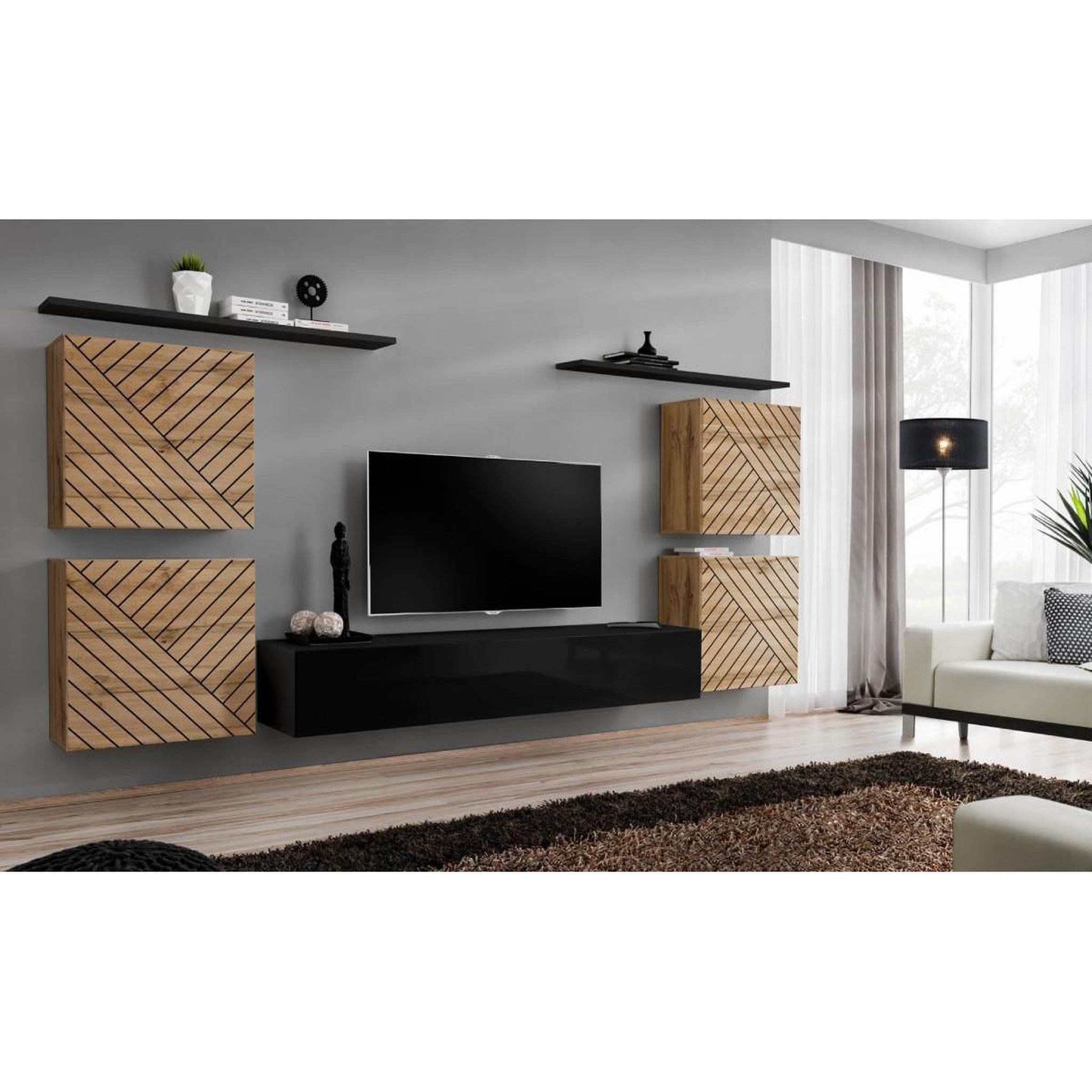Voir la diapositive 2 : Paris Prix Ensemble meuble tv  switch lamel iv  320cm noir & naturel