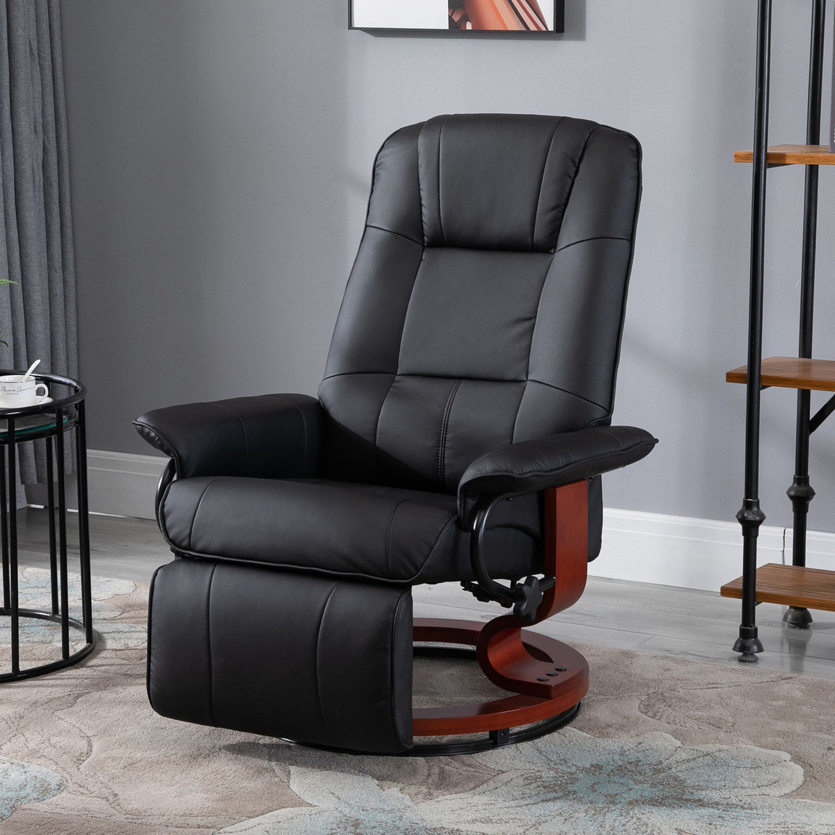 HOMCOM Fauteuil relax inclinable repose-pieds réglable pivotant 360° piètement bois revêtement PU noir