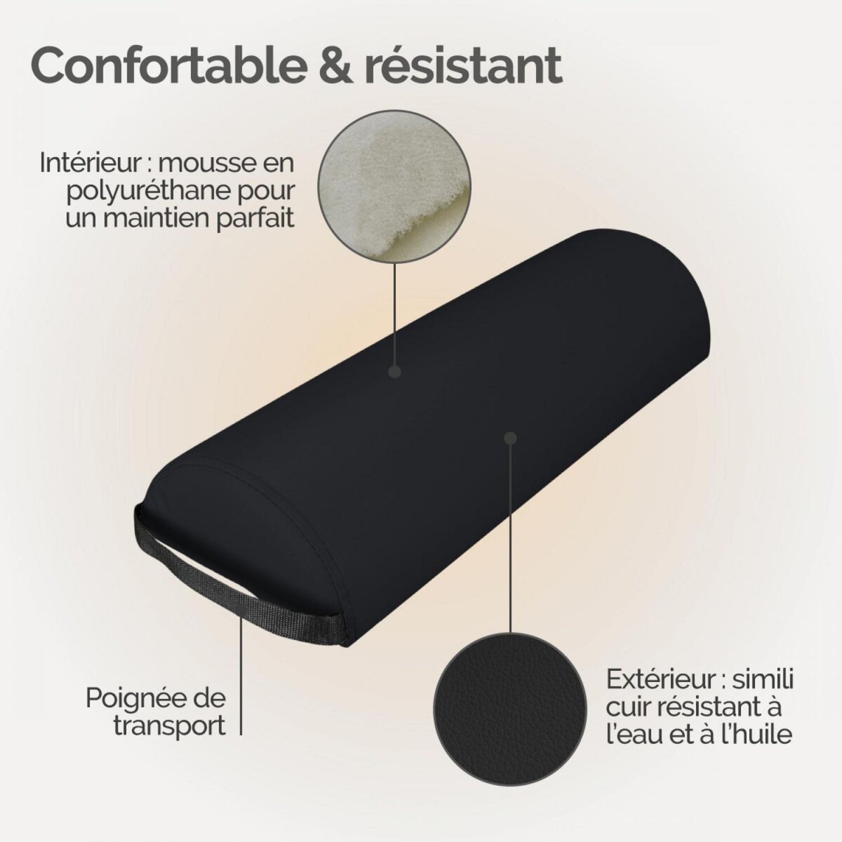 VIVEZEN Traversin, coussin demi-rond 66 cm x 22 cm x 12 cm pour table de massage