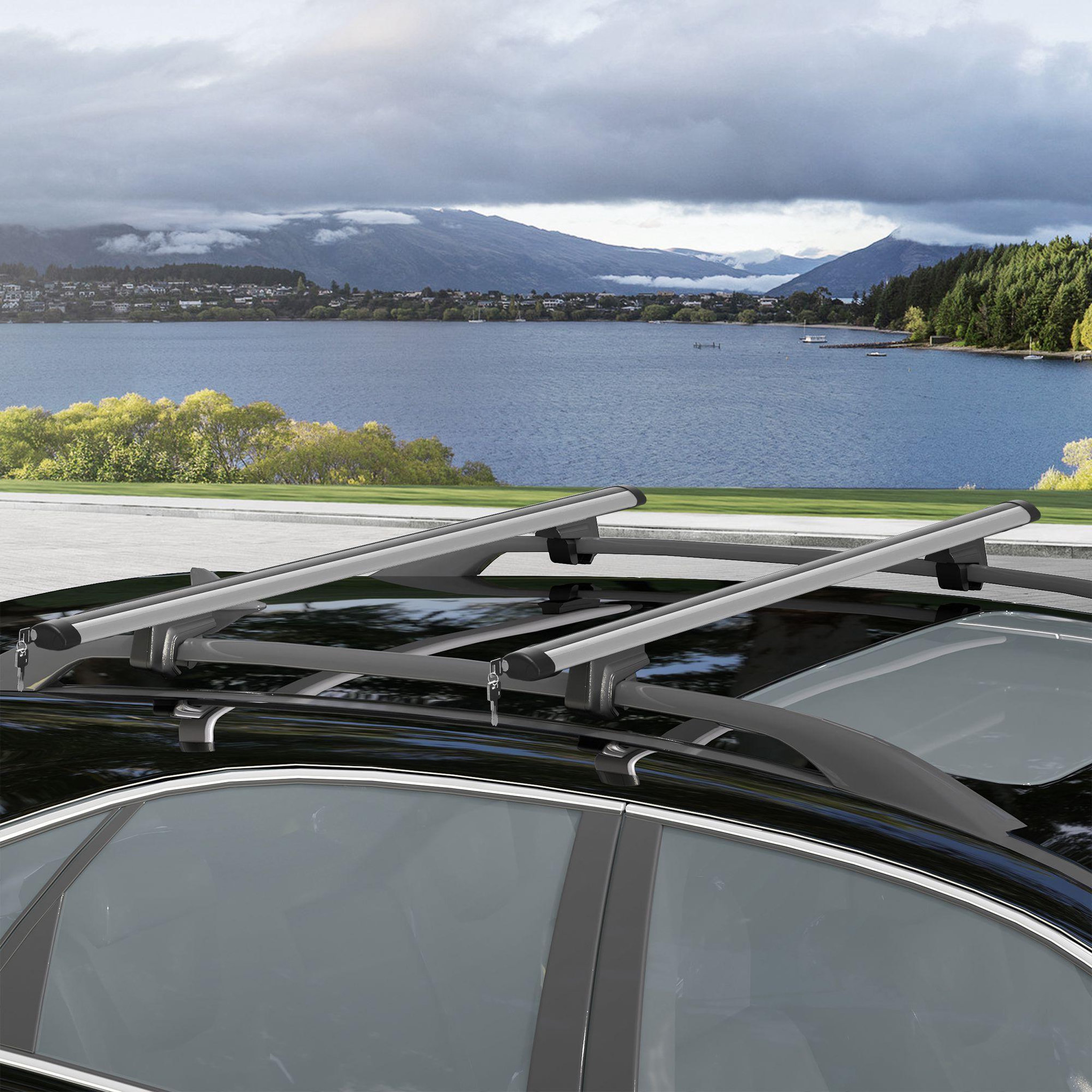 Voir la diapositive 4 : HOMCOM Barres de toit de voiture verrouillables 2 clés fournies dim. 123,5L x 5,5l x 7H cm aluminium noir