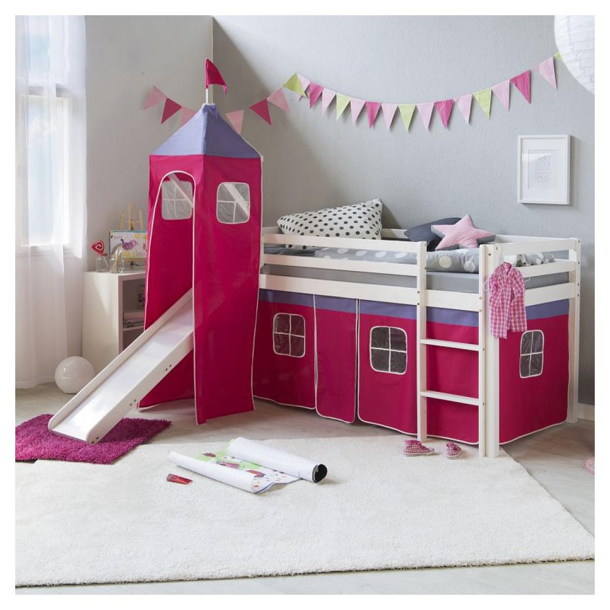 Voir la diapositive 2 : HomeStyle4U Lit toboggan - avec tour et rideaux