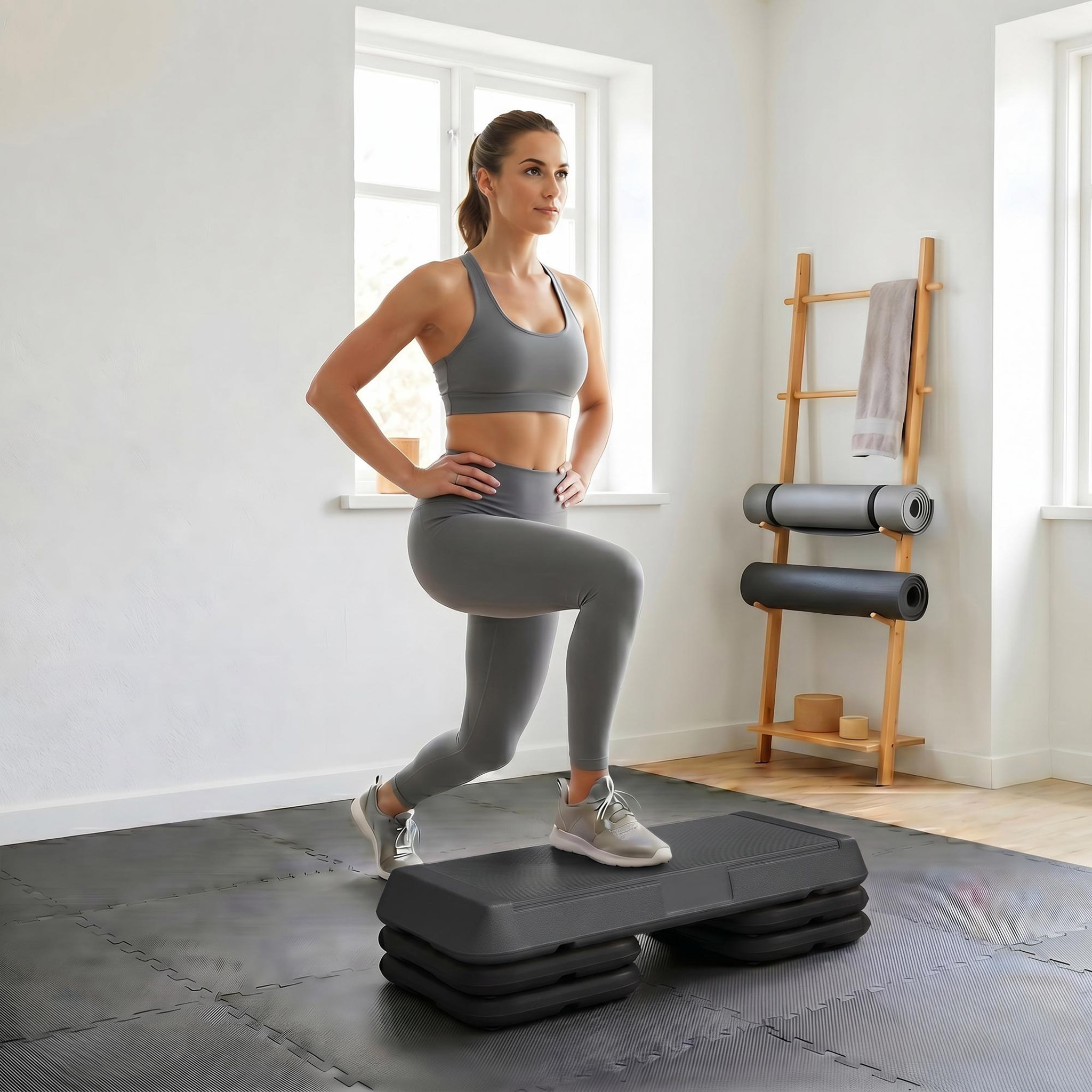 Voir la diapositive 2 : HOMCOM Stepper aérobic fitness hauteur réglable 3 niv. 10/15/20 cm surface antidérapante pe gris