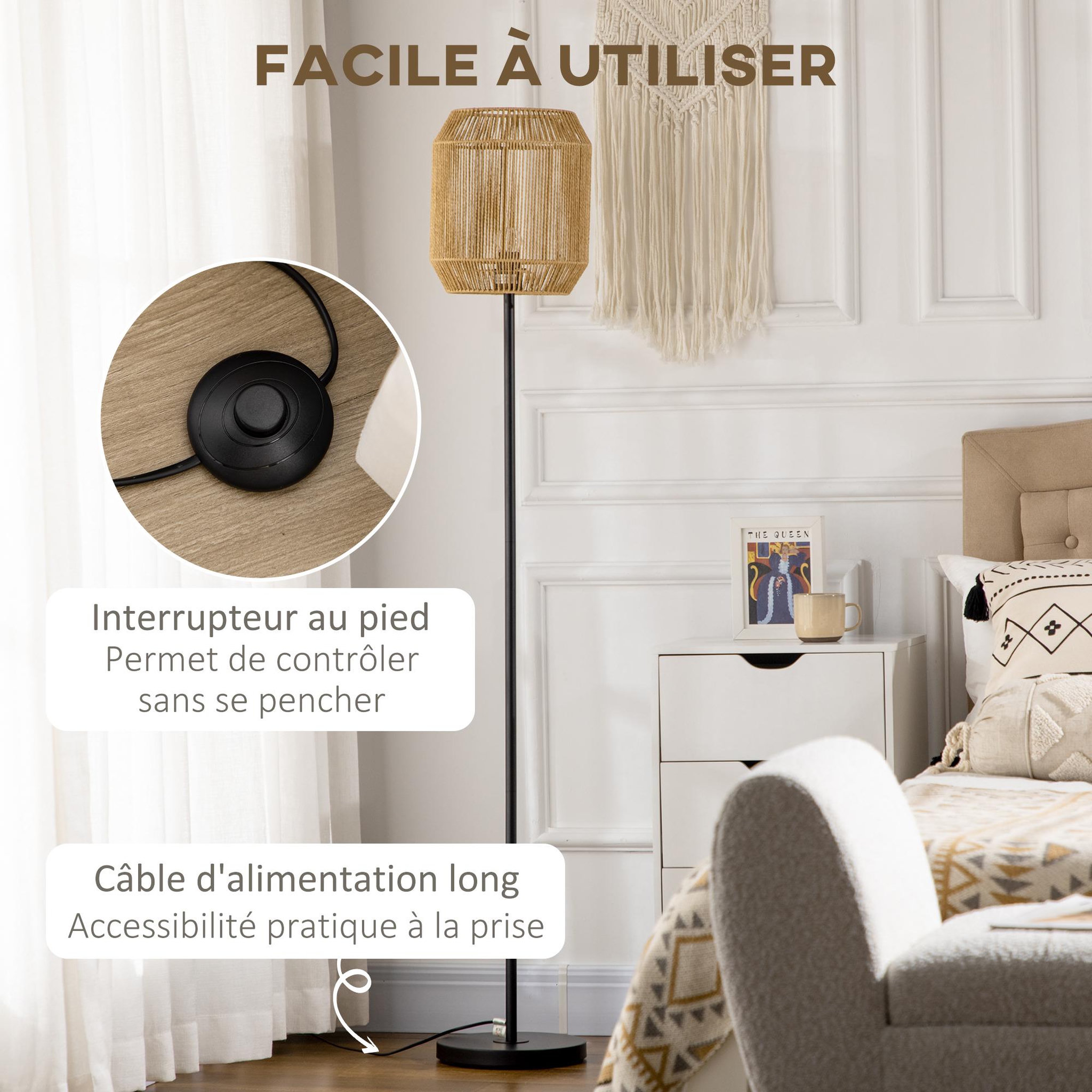 Voir la diapositive 5 : HOMCOM Lampadaire aspect cannage style cosy 40 w max. H.158 cm piètement mât métal noir abat-jour corde papier tressé main