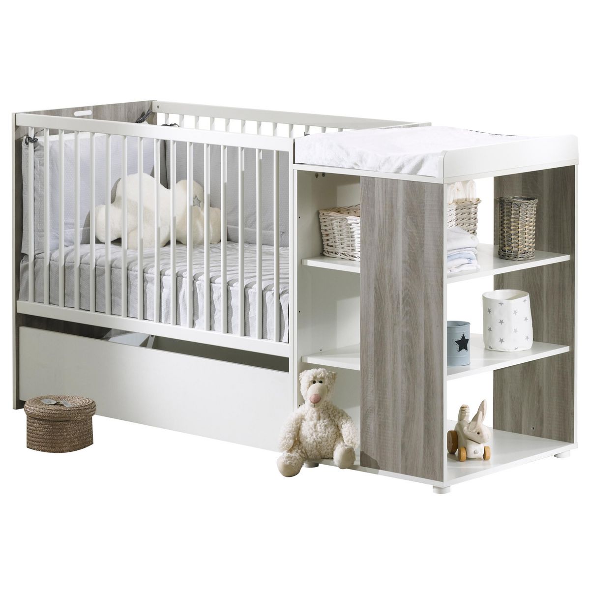 BABY PRICE Ensemble Lit bébé combiné 60 x 120 cm évolutif en 90 x190 cm FLO + tiroir LINOU