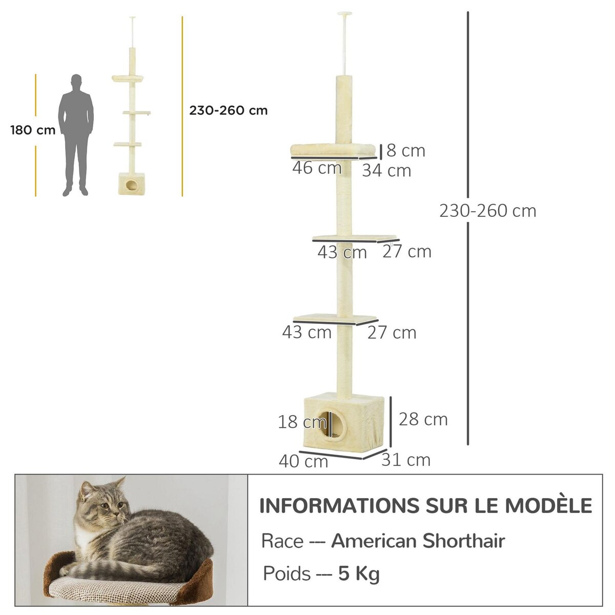 PAWHUT Arbre à chat hauteur réglable 230-260 cm - niche, 3 plateformes - douce peluche courte beige