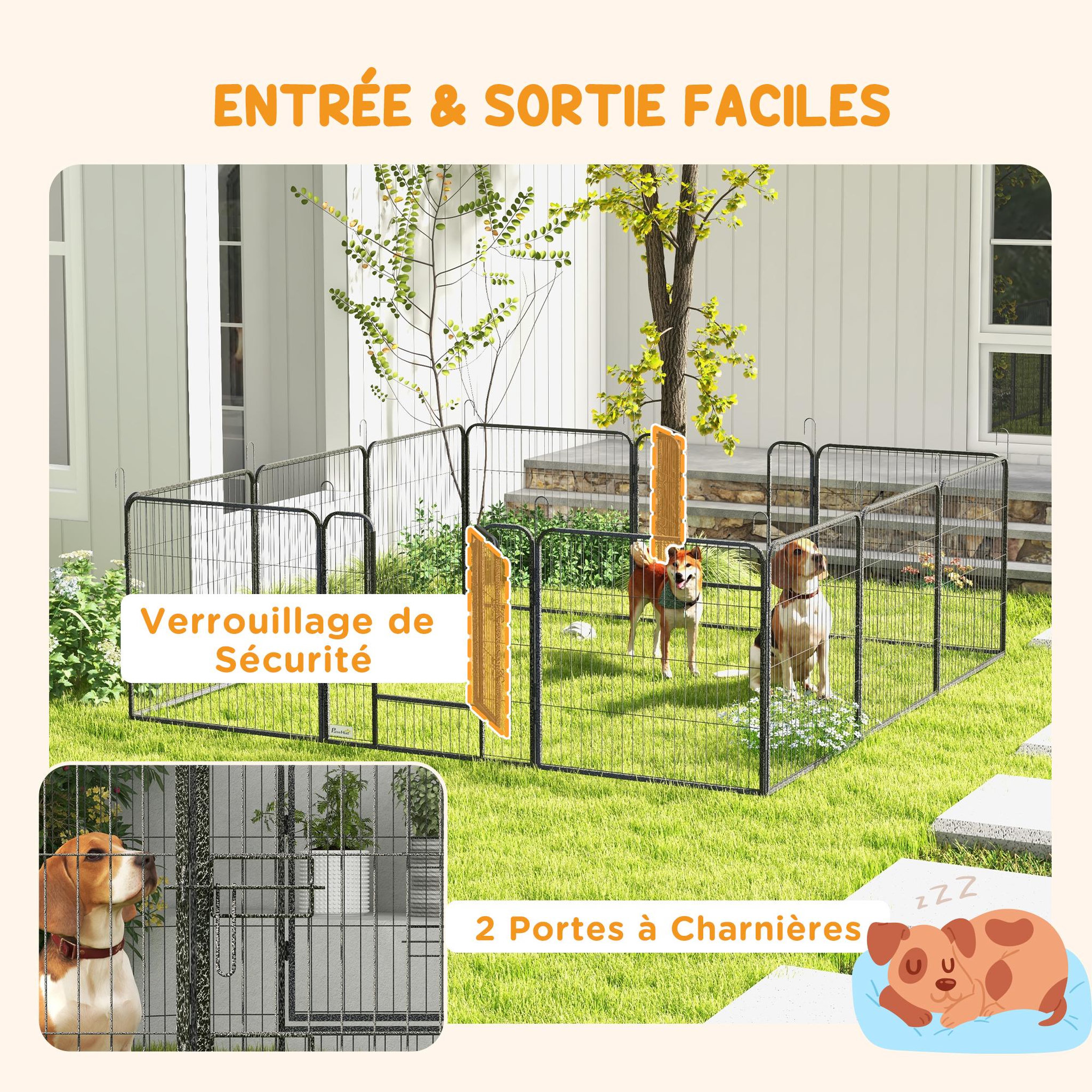 Voir la diapositive 5 : PAWHUT Luxe parc enclos modulable verrouillable dim. Carrées totales 240 x 240 cm acier époxy