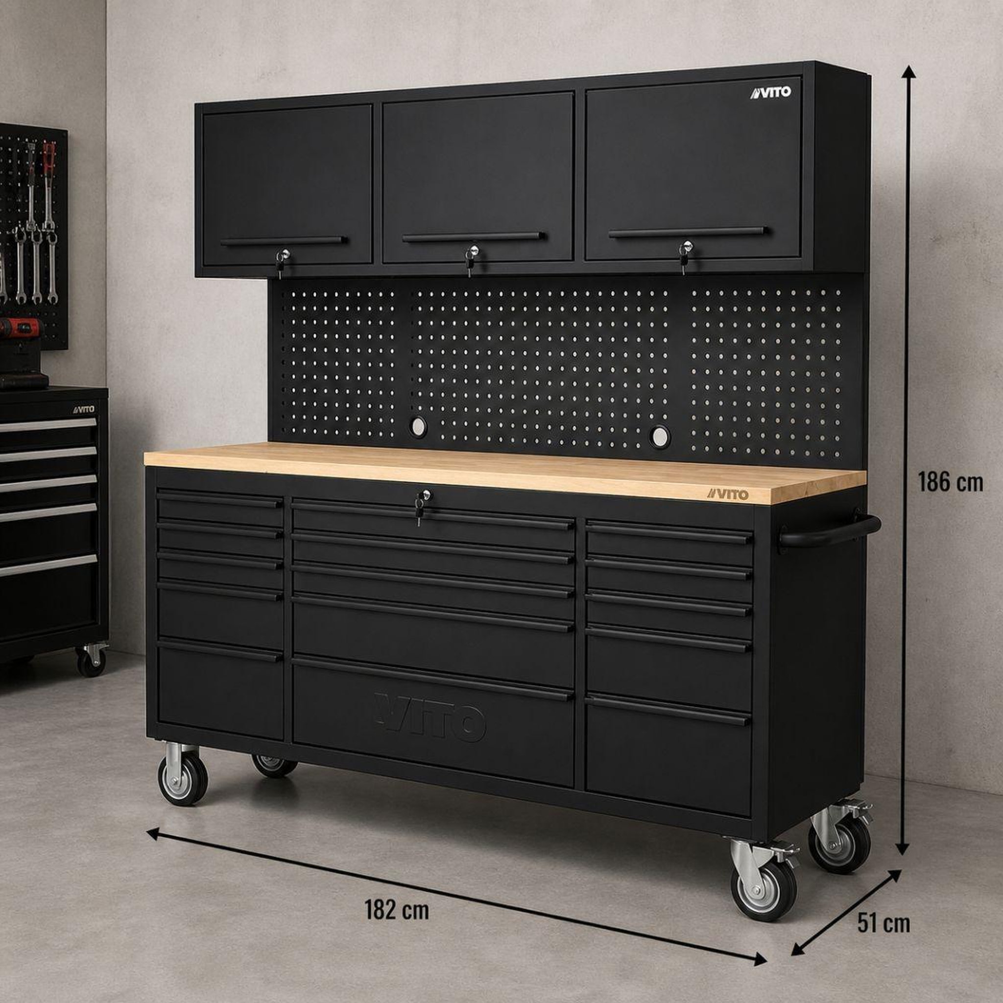 Voir la diapositive 5 : VITO Etabli d'atelier sur roues armoire 3 portes 182 x 51 x 186 cm 15 tiroirs à frein - plan de travail bois charge 500kg - vito