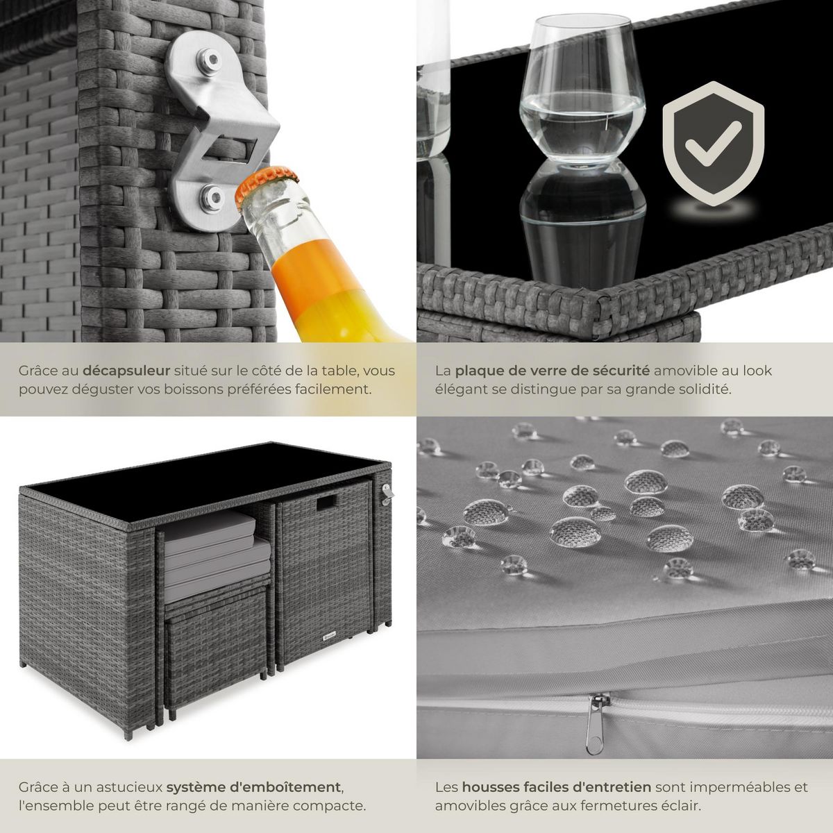 tectake Salon de jardin en résine tressée pour 2 à 4 personnes gris