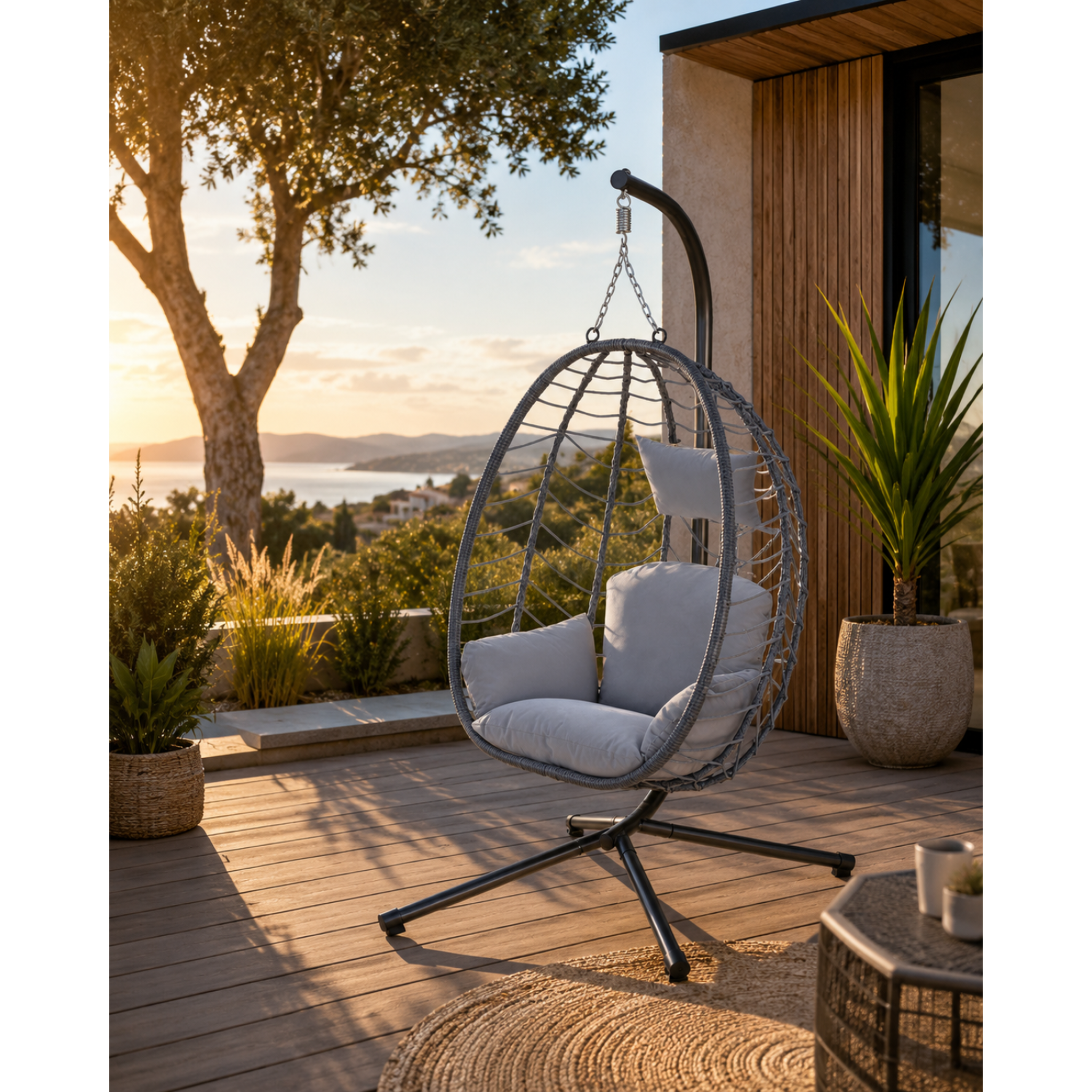 Voir la diapositive 2 : CONCEPT USINE Fauteuil suspendu en résine effet rotin gris lima