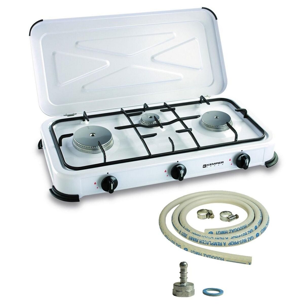 Kemper Réchaud gaz portable 3 feux 3450W Blanc laqué Couvercle Plaque de cuisson + Tuyau gaz KEMPER