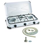 Kemper Réchaud gaz portable 3 feux 3450W Blanc laqué Couvercle Plaque de cuisson + Tuyau gaz KEMPER