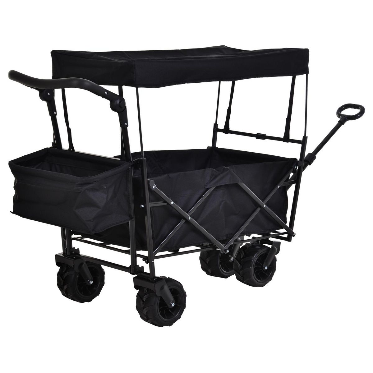 OUTSUNNY Chariot pliant avec toit, poignée, panier - chariot de plage - chariot de transport pliable tout-terrain métal oxford noir