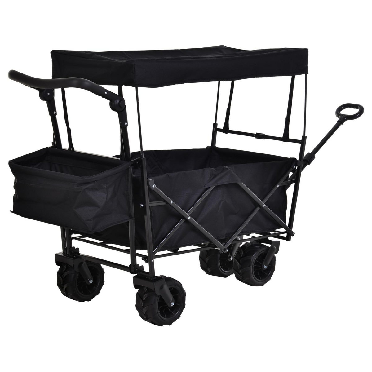 OUTSUNNY Chariot pliant avec toit, poignée, panier - chariot de plage - chariot de transport pliable tout-terrain métal oxford noir