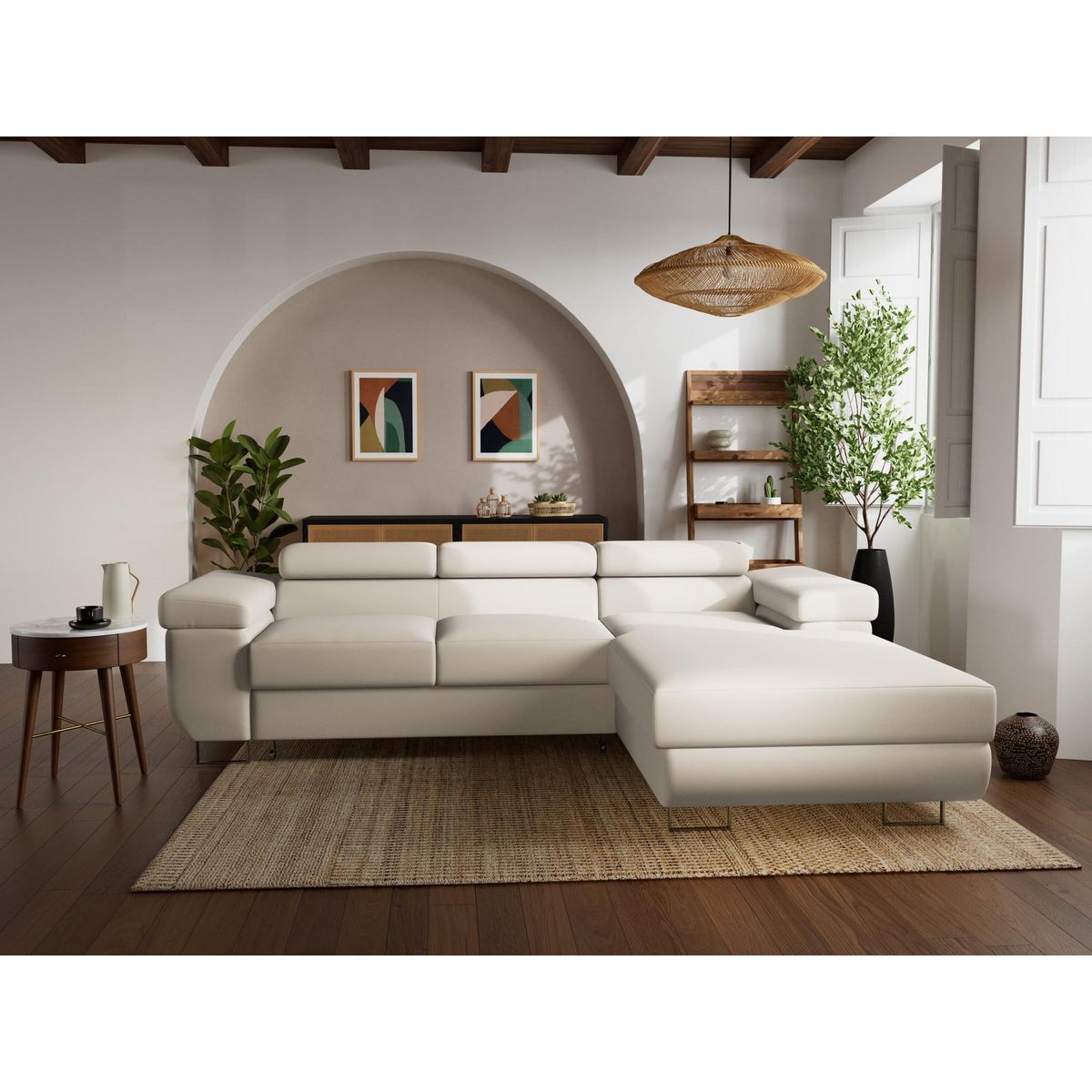 BEST MOBILIER Pablo - canapé d'angle droit - 6 places - convertible avec coffre et têtières réglables - en velours