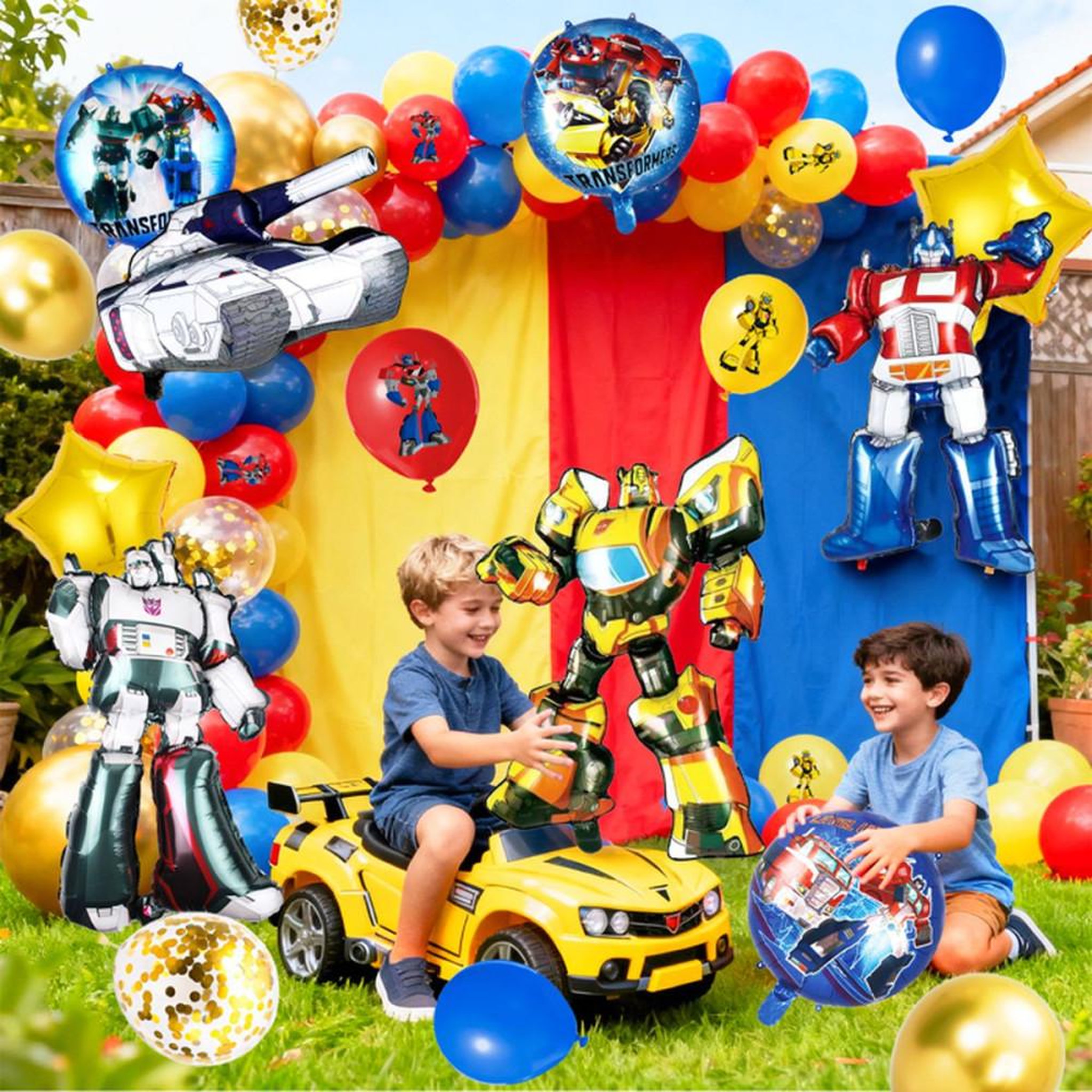 Voir la diapositive 6 : Décoration ballons Transformers : coffret avec 3 ballons personnages aluminium, 3 ballons aluminium ronds, 2 ballons étoiles et 55 ballons latex pour anniversaire enfant