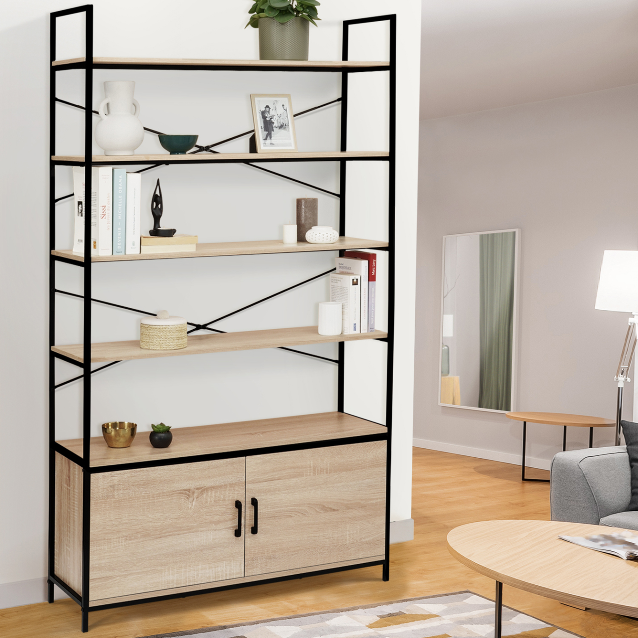 Voir la diapositive 2 : ID MARKET Etagère xl 5 niveaux avec placard detroit design industriel 170 cm