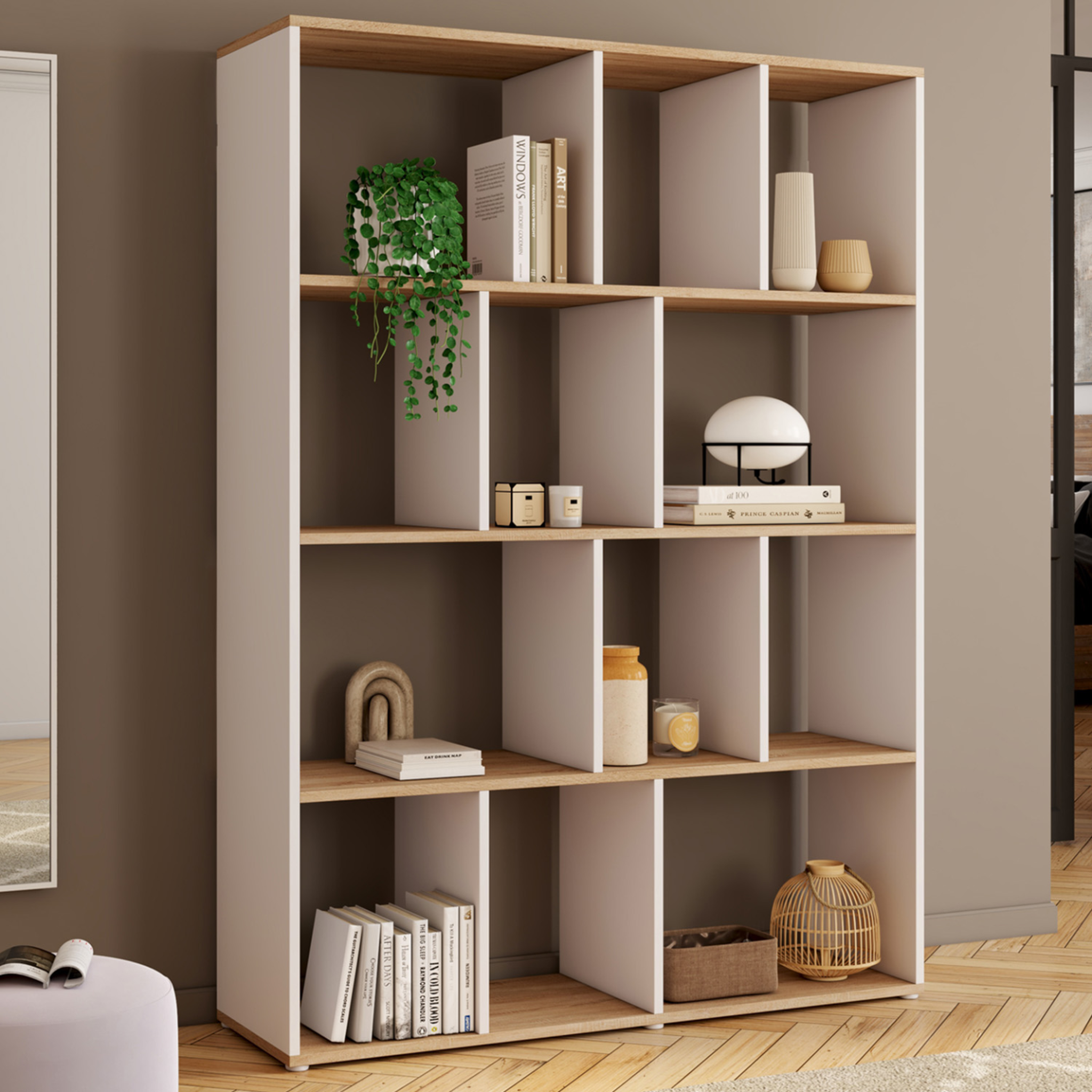 Voir la diapositive 2 : ID MARKET Etagère bibliothèque jena 4 niveaux blanc et effet bois 143 cm
